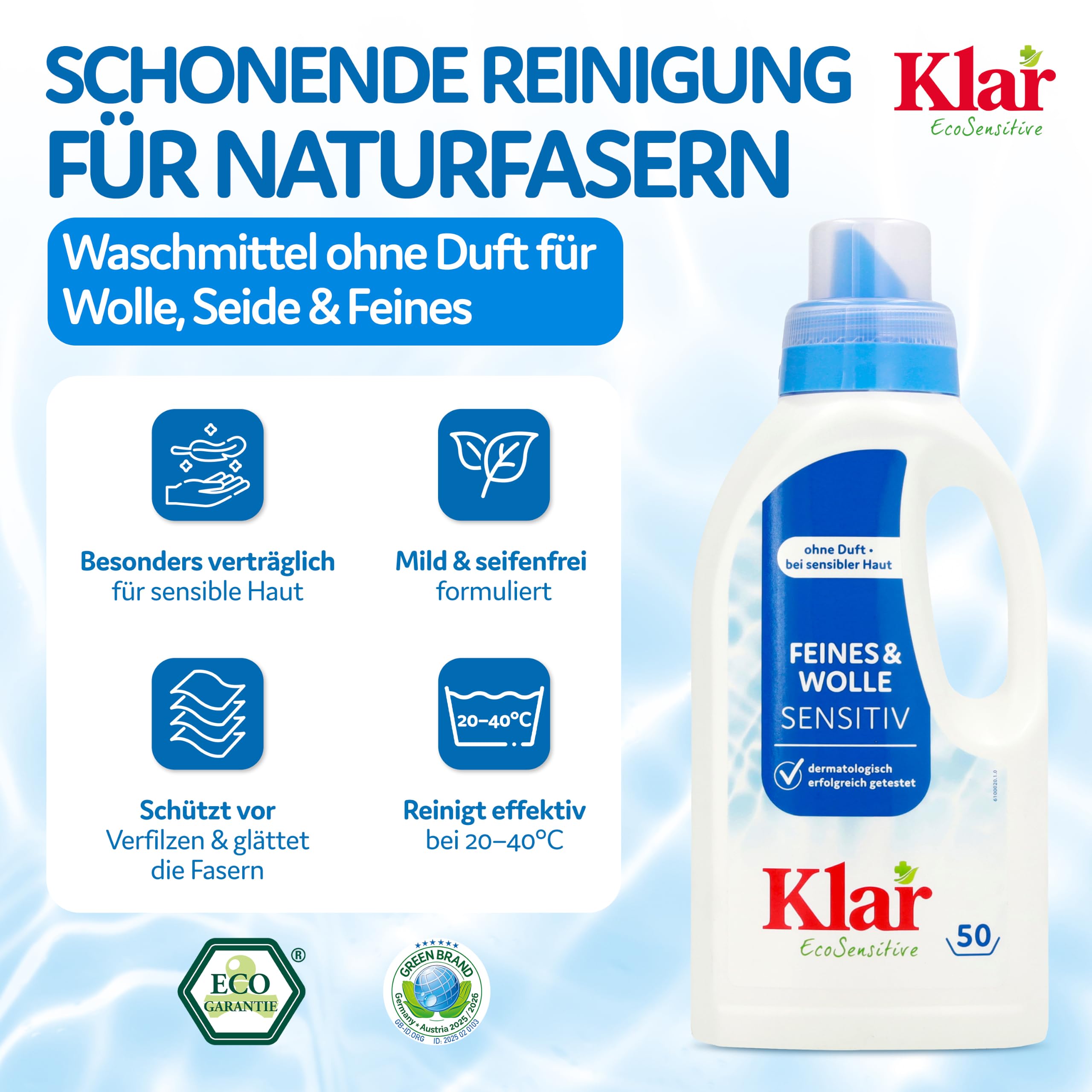 Klar EcoSensitive Waschmittel Feines & Wolle SENSITIV, 12x 500ml - Ohne Duft