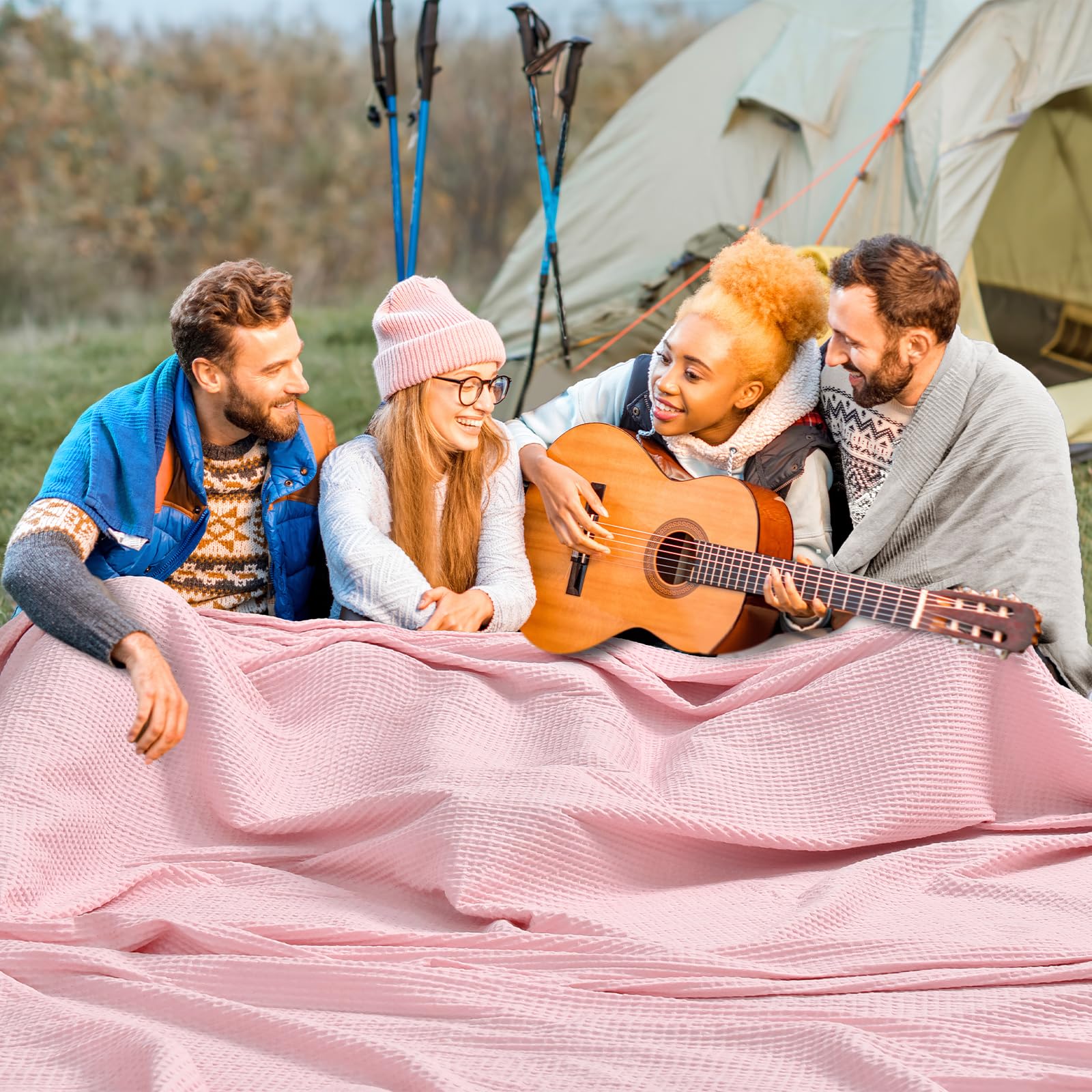phf pre-washed cotton waffle weave family blanket,oversized king size 120"x 120"-snag proof lightweight breathable, 10'x 10' huge extra large big-elegant aesthetic home decoration gift,pink