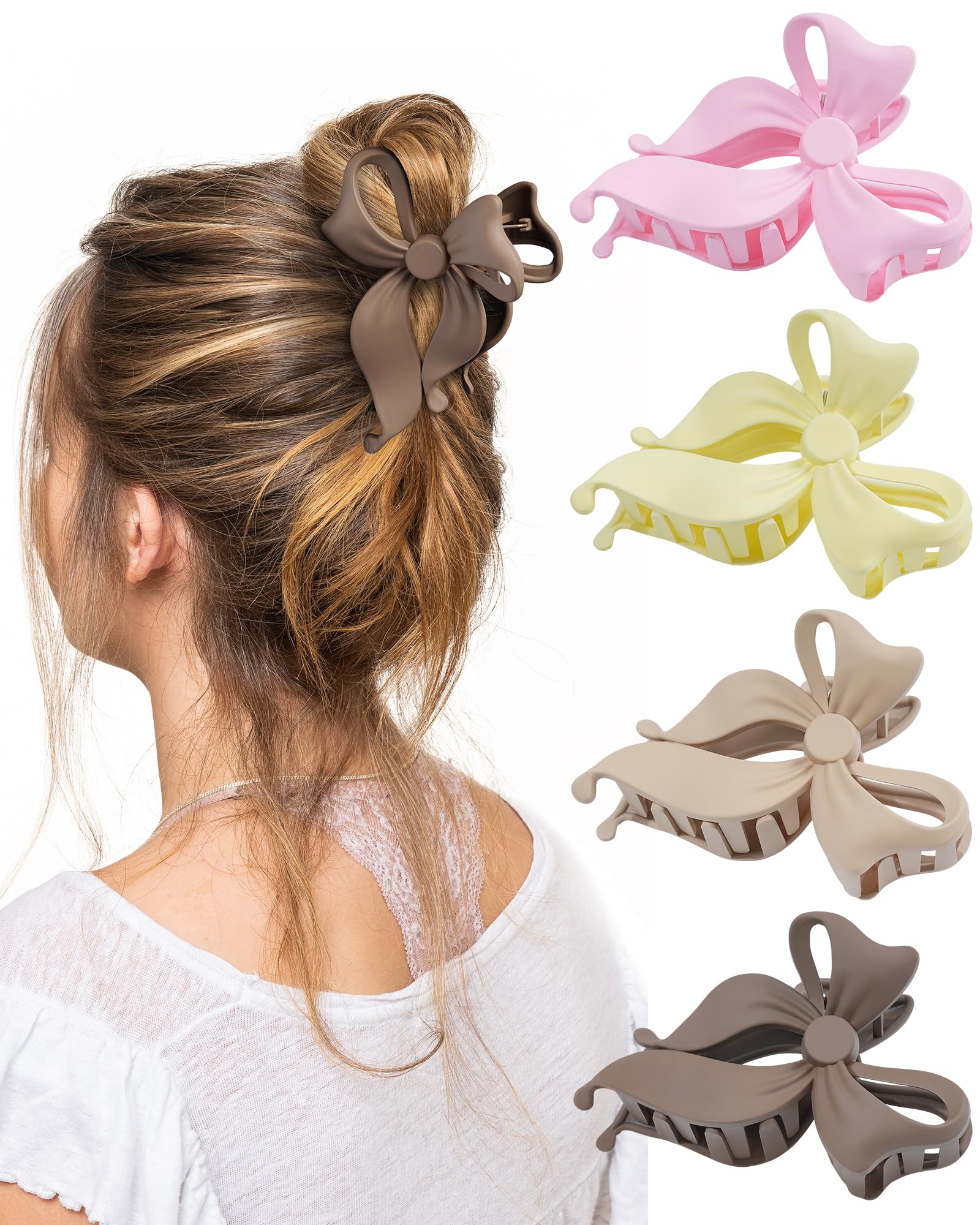 4 PCS Bow Hair Clips Bow Claw Clip for Women, Large Hair Claw Clips for Thin Thick Long Hair Cute Nonslip Bows (Dark Brown+Light Brown+Off-White+Light