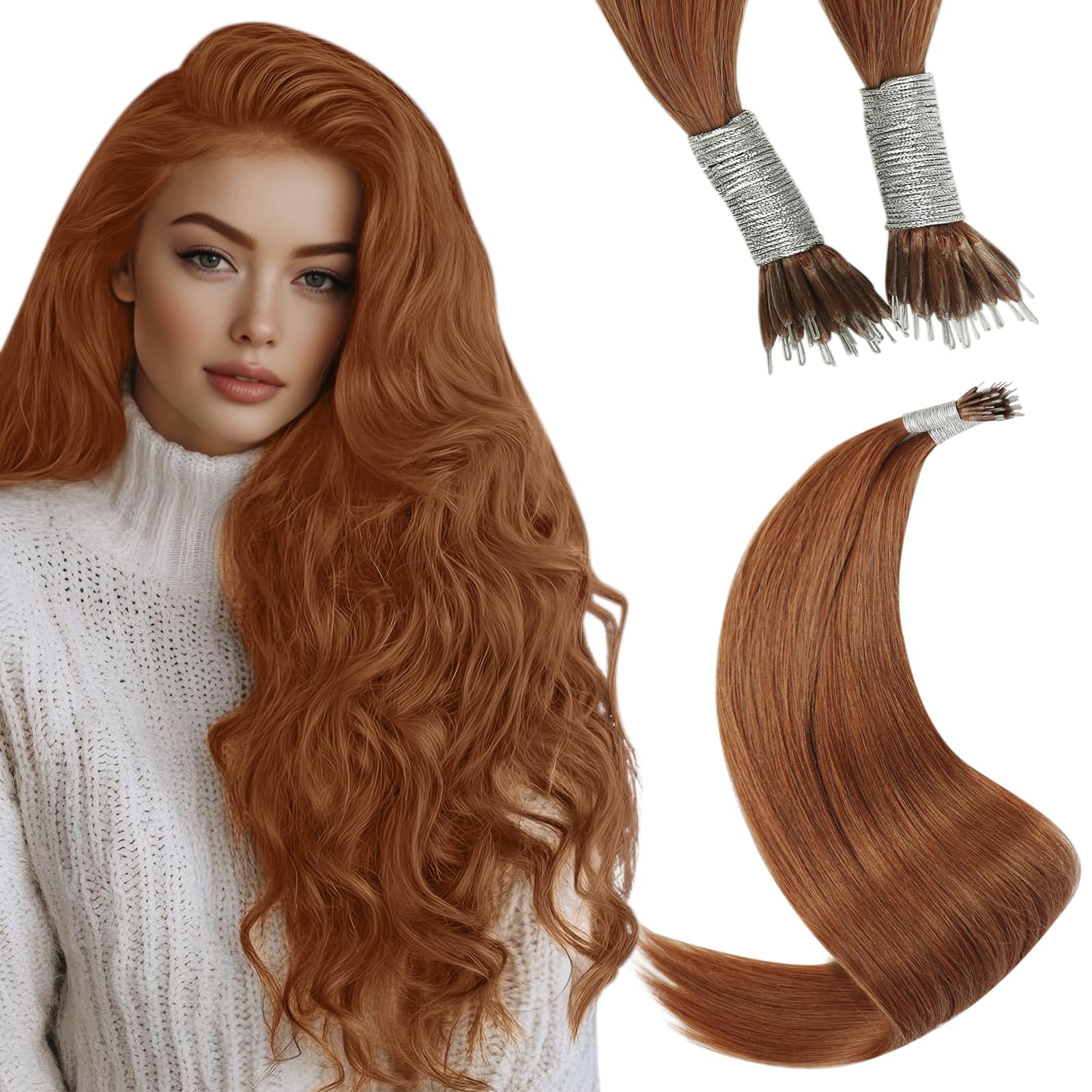 YoungSee Nano Beads Hair Extensions Copper Nano Remy Hair Extensions Ginger Nano Ring Human Hair Extensions Colored Nano Tip Extensions Real Hair Cold Fusion Beaded Hair Extensions 1g/s 25g 18inch