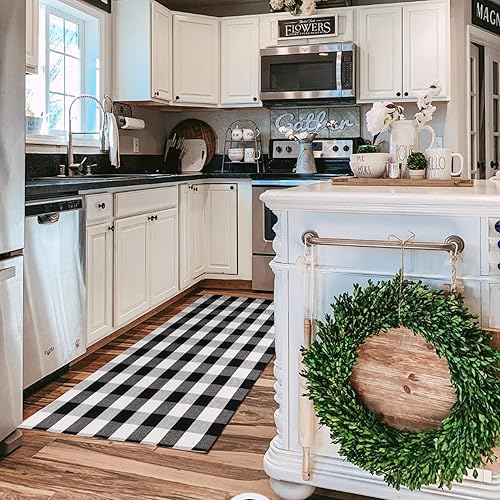Miniatura 2 de Tapete de lana cuadriculada para interiores y exteriores, 3 x 5 pies, tejido de algodón en blanco y negro, alfombra de porche para interiores y