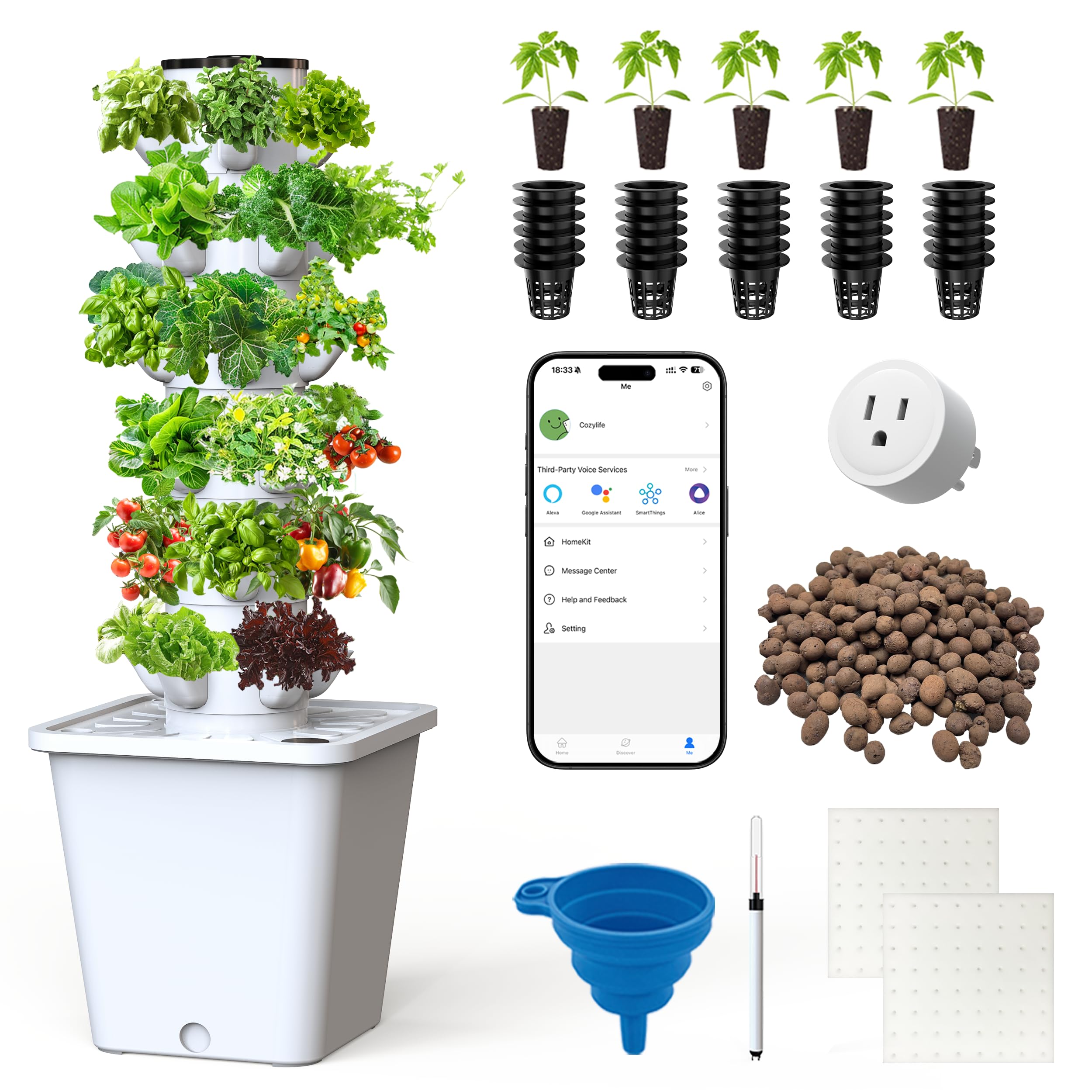 Vertical Hydroponics Growing System Kit, Indoor Outdoor Gardening System Kits, Herb & Fruits Growing Tower, 6 Layer 30 Pods