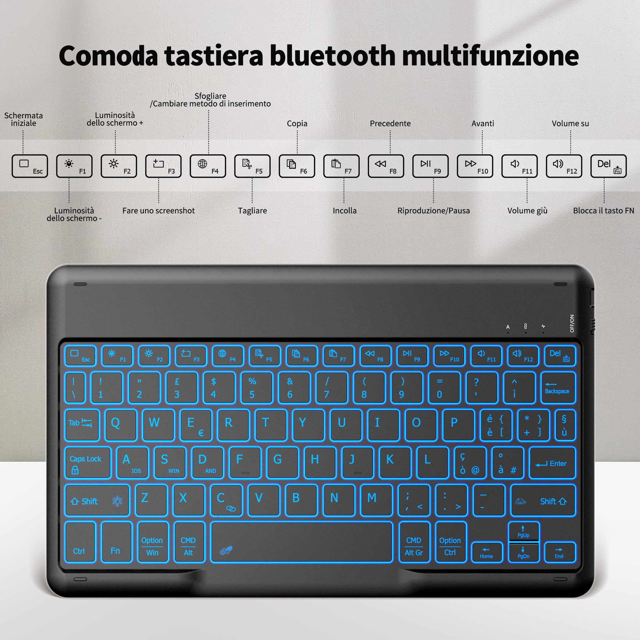 EasyAcc Tastiera Bluetooth Wireless con Windows/Android/iOS, Tastiera Portatile con Tablet Layout Italia, Tastiera Tablet, Retroilluminata