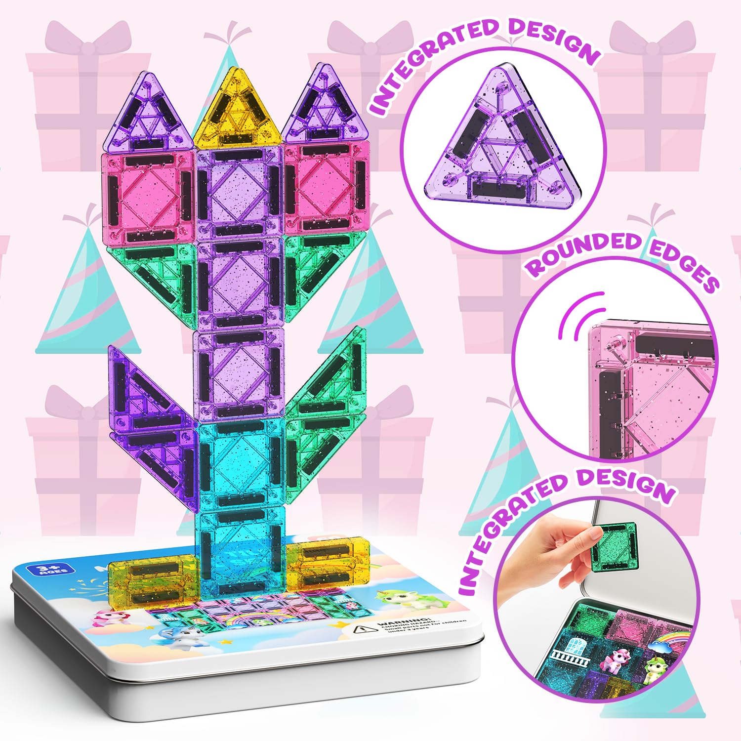 ACELIFE Magnetische Bausteine 60 Teile, Einhorn Magnetspielzeug, Montessori Reiseset Spielzeug Tragbare STEM Bausteine, Mini Magnetische Fliesen für Jungen & Mädchen 3 4 5 6 7 8 Jahren