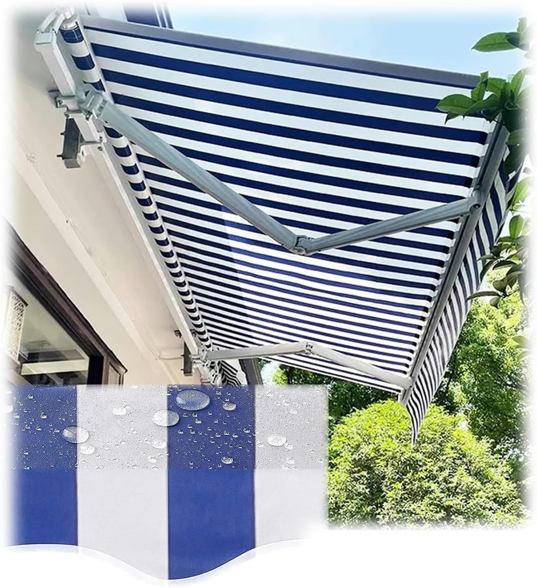 Manual Awning Replacement Fabric Retractable Outdoor Patio Garden Polyester Canopy, Cover, Sun Shade, Shelter for Yard, Deck, Balcony Blue/White Stripes (Including Awning Fabric only)