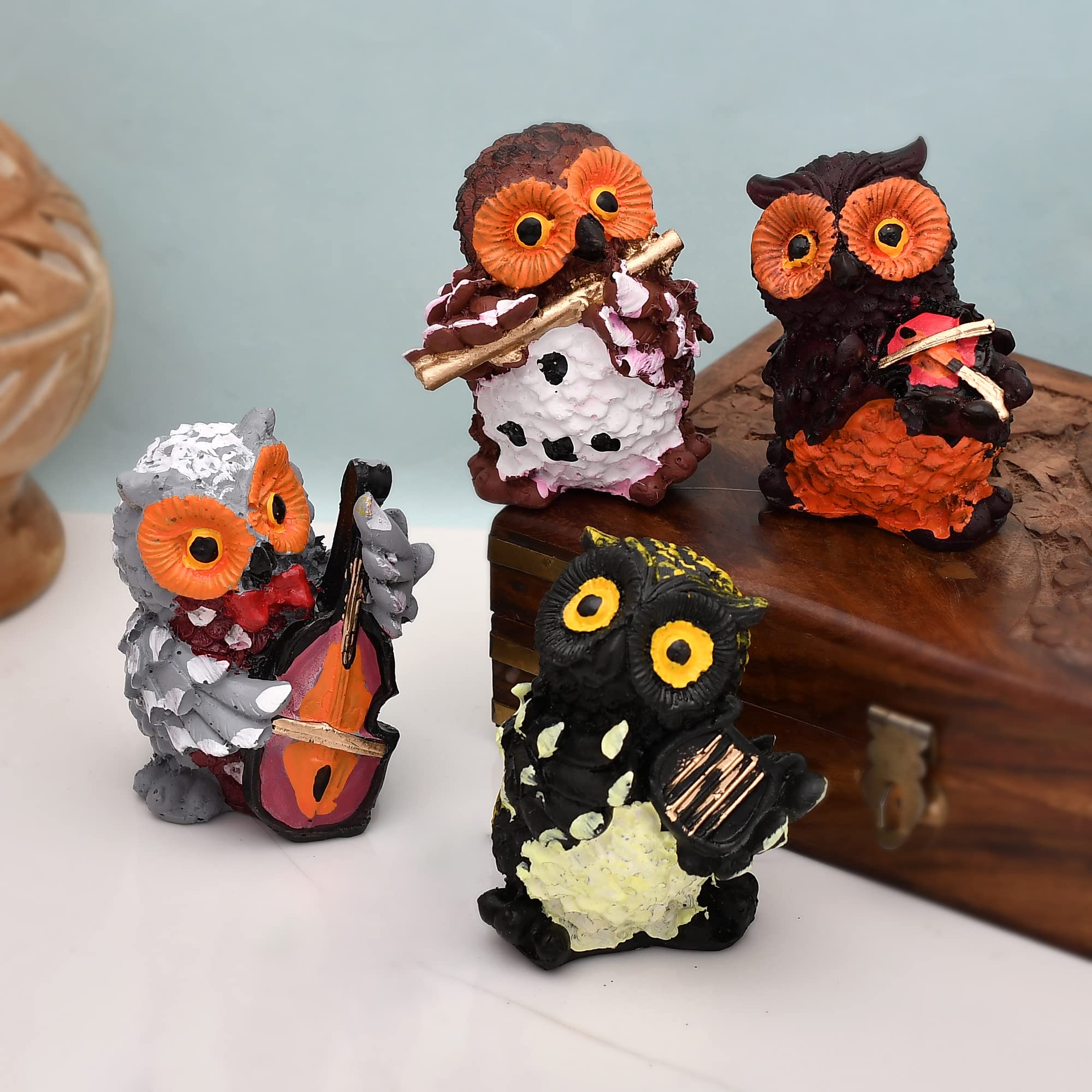 Craftam Polyresin Playing Musical Instruments Owl Showpieces for Home & Office Decor Figurines Statues Decoration Showpiece (Set of 4)