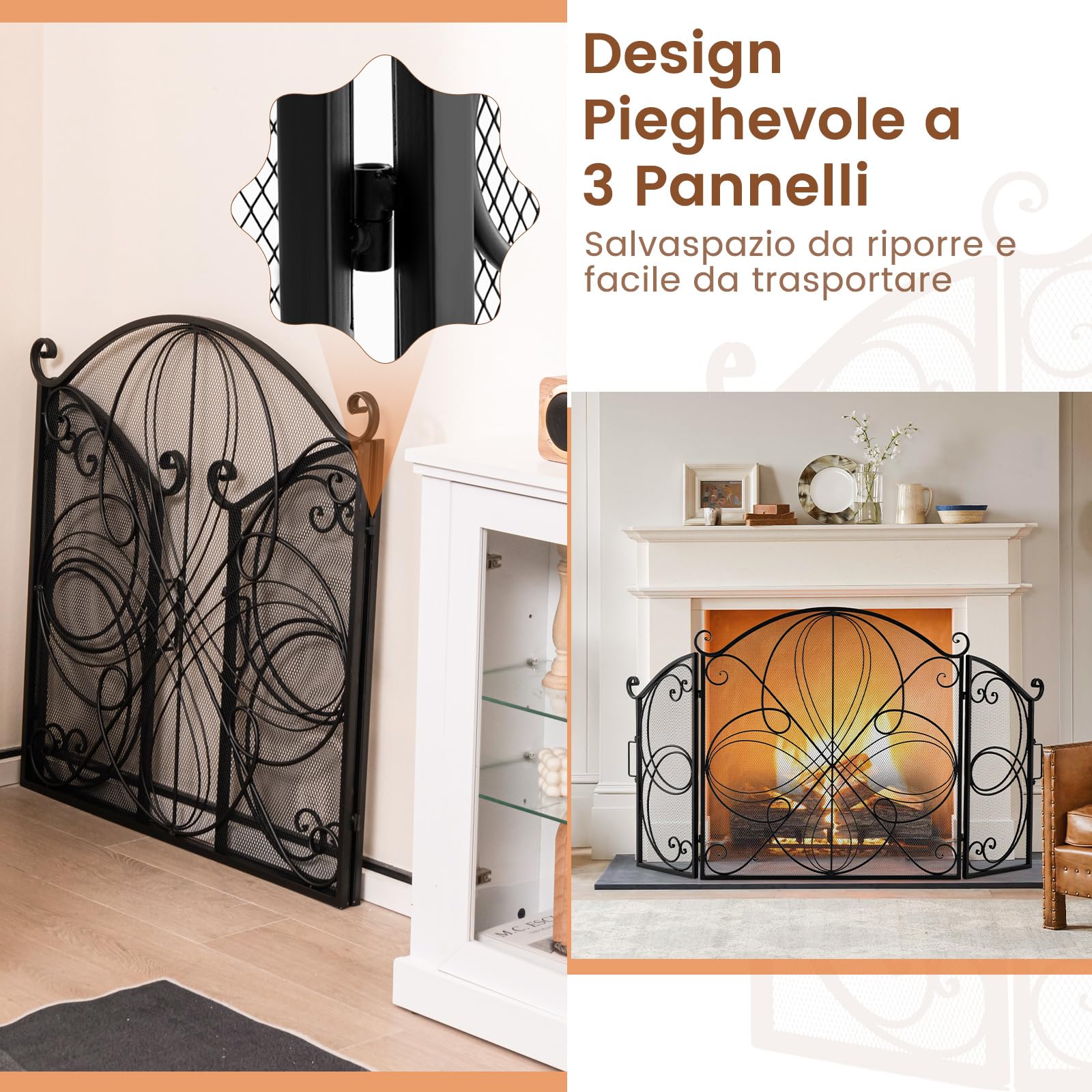 COSTWAY Parascintille per Camino 151 x 83 cm, Paraschizzi Pieghevole a 3 Ante con Motivo Floreale, Barriera Decorativa in Rete Metallica per Camino da Soggiorno