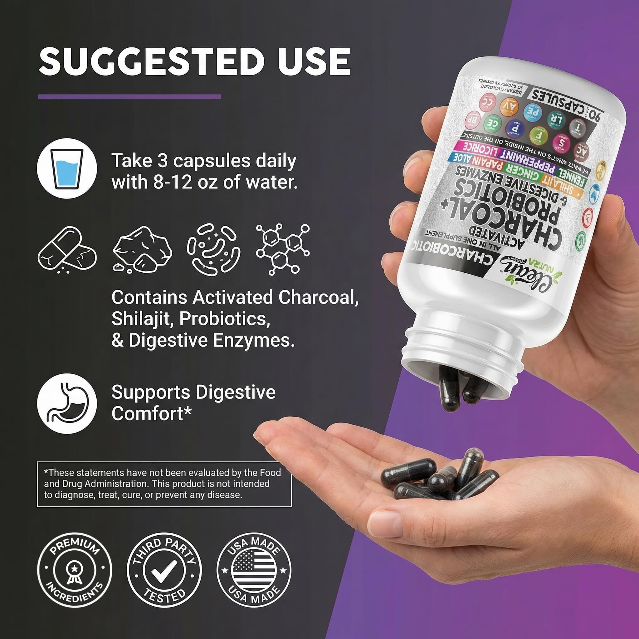 Activated Charcoal Pills for Gas Relief and Debloat, CharcoBiotic with Probiotics Digestive Enzymes Shilajit Peppermint Fennel Ginger Turmeric Licorice Root Aloe Vera Ceylon Cinnamon, Clean Nutra 90ct — Amazon image 6