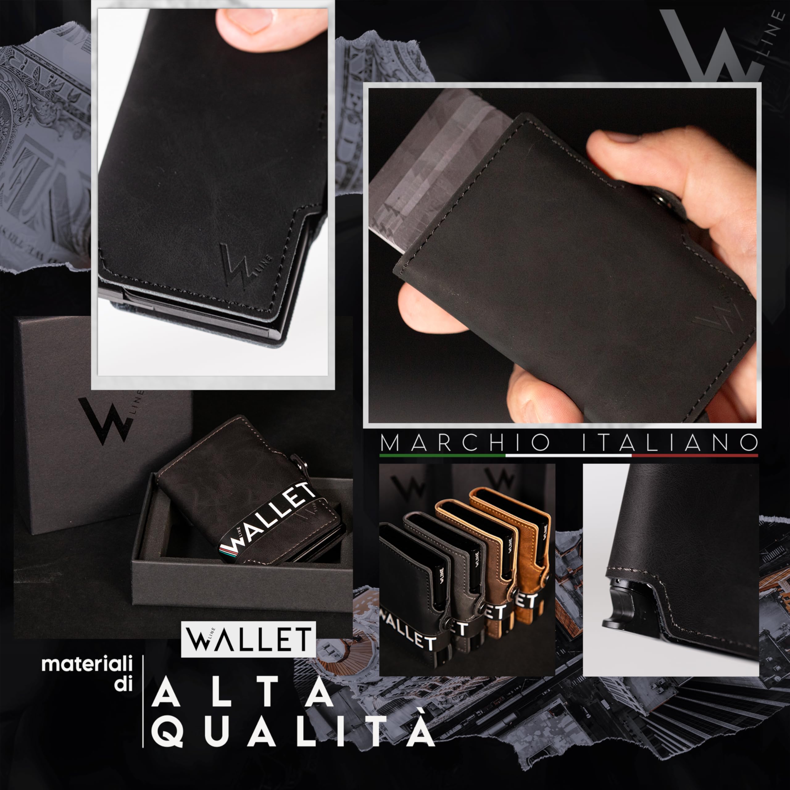 WLine Porta Carte di Credito Uomo e Donna Schermato in Pelle PU - Portafoglio Uomo Slim Rfid Compatto ed Elegante - Portatessere Uomo Tascabile (Nero Vintage senza Zip)