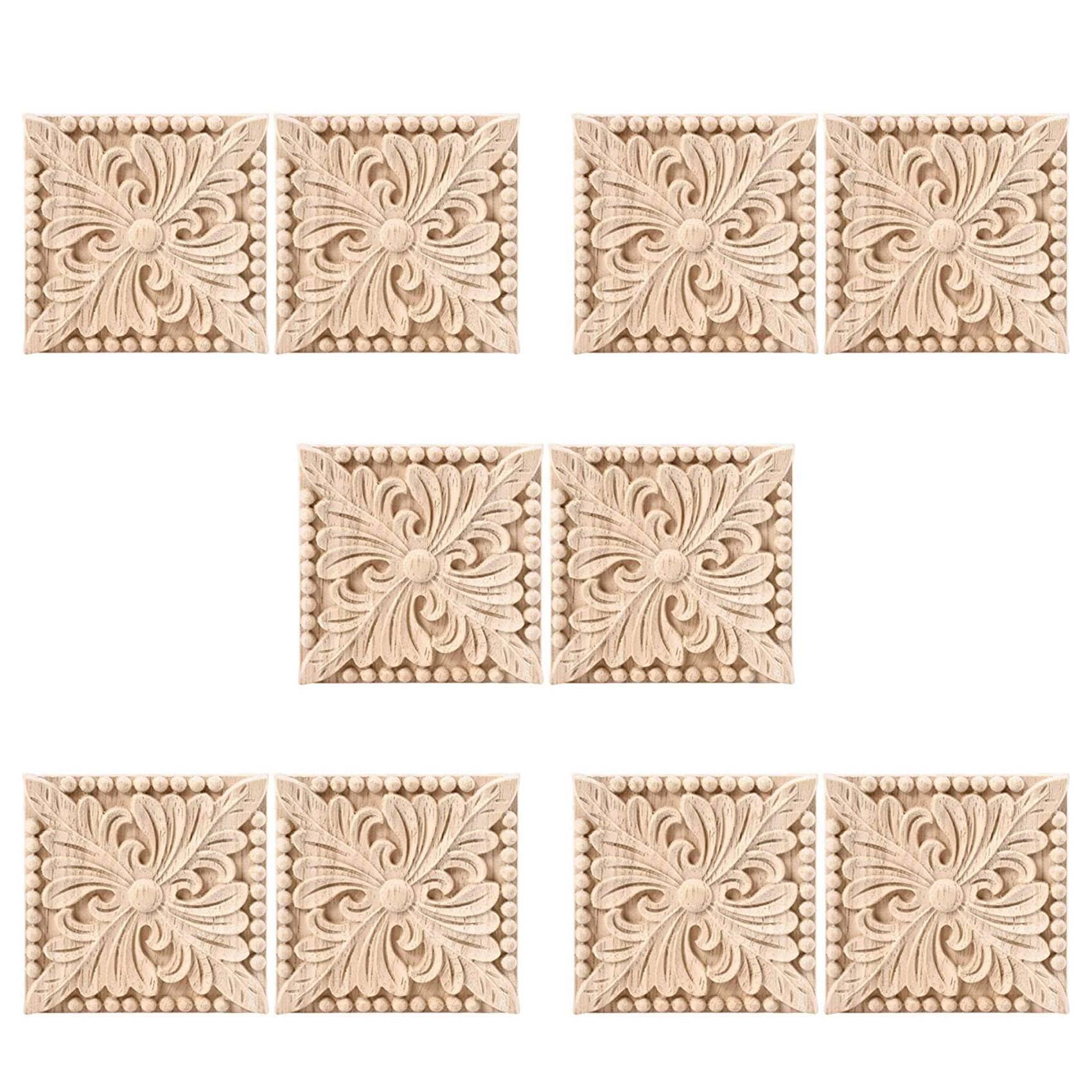 Sichuny 10 Pack Wood Carved Applique Onlay Square Carving Decal Unpainted Flower Door Cabinet Furniture Decoration 3.94X3.94inch
