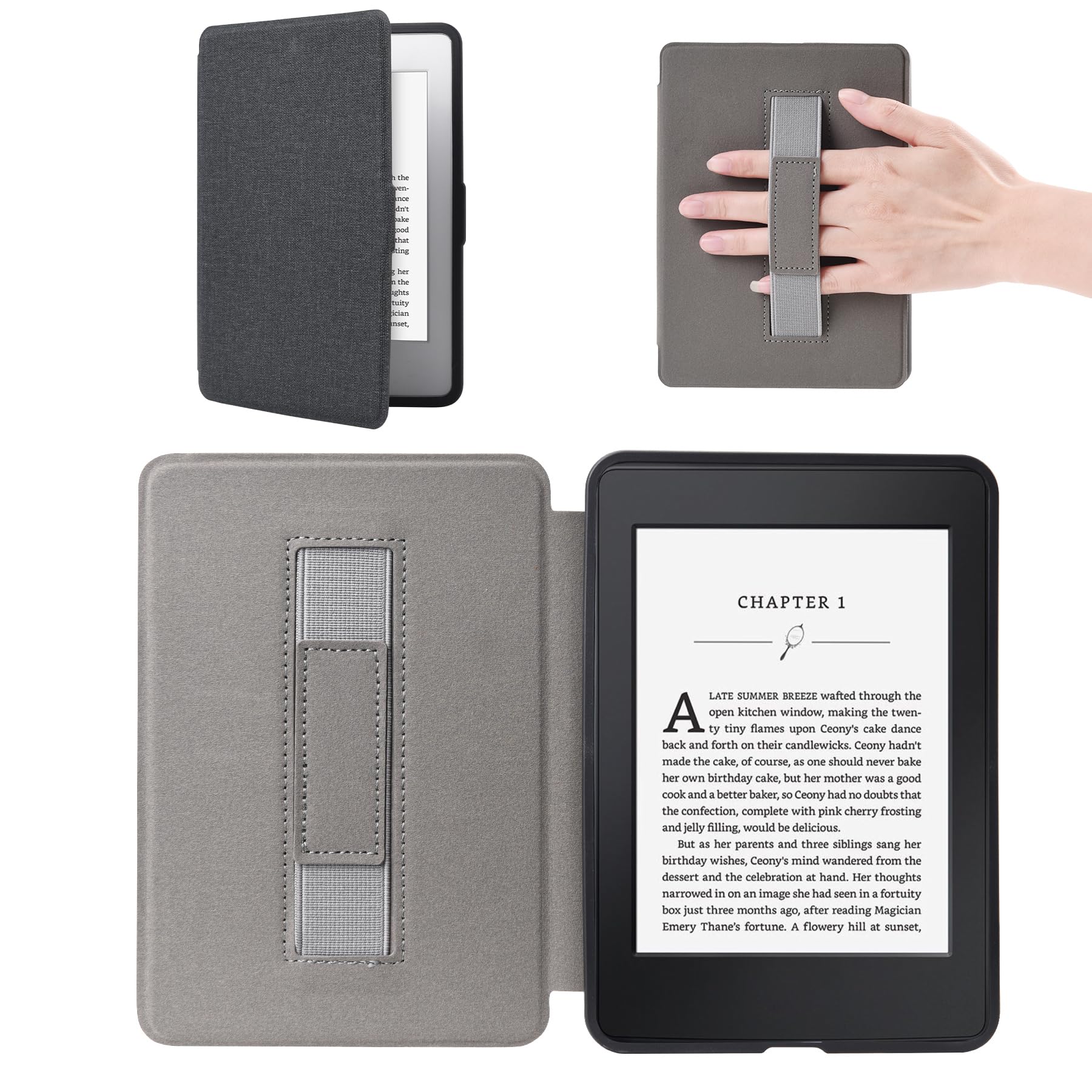 Étui à Rabat magnétique Compatible avec Kindle Paperwhite 2012-2017 (7e/6e/5e génération, numéro de modèle : EY21, DP75SDI) avec dragonne et Fonction Veille/réveil Automatique, Noir
