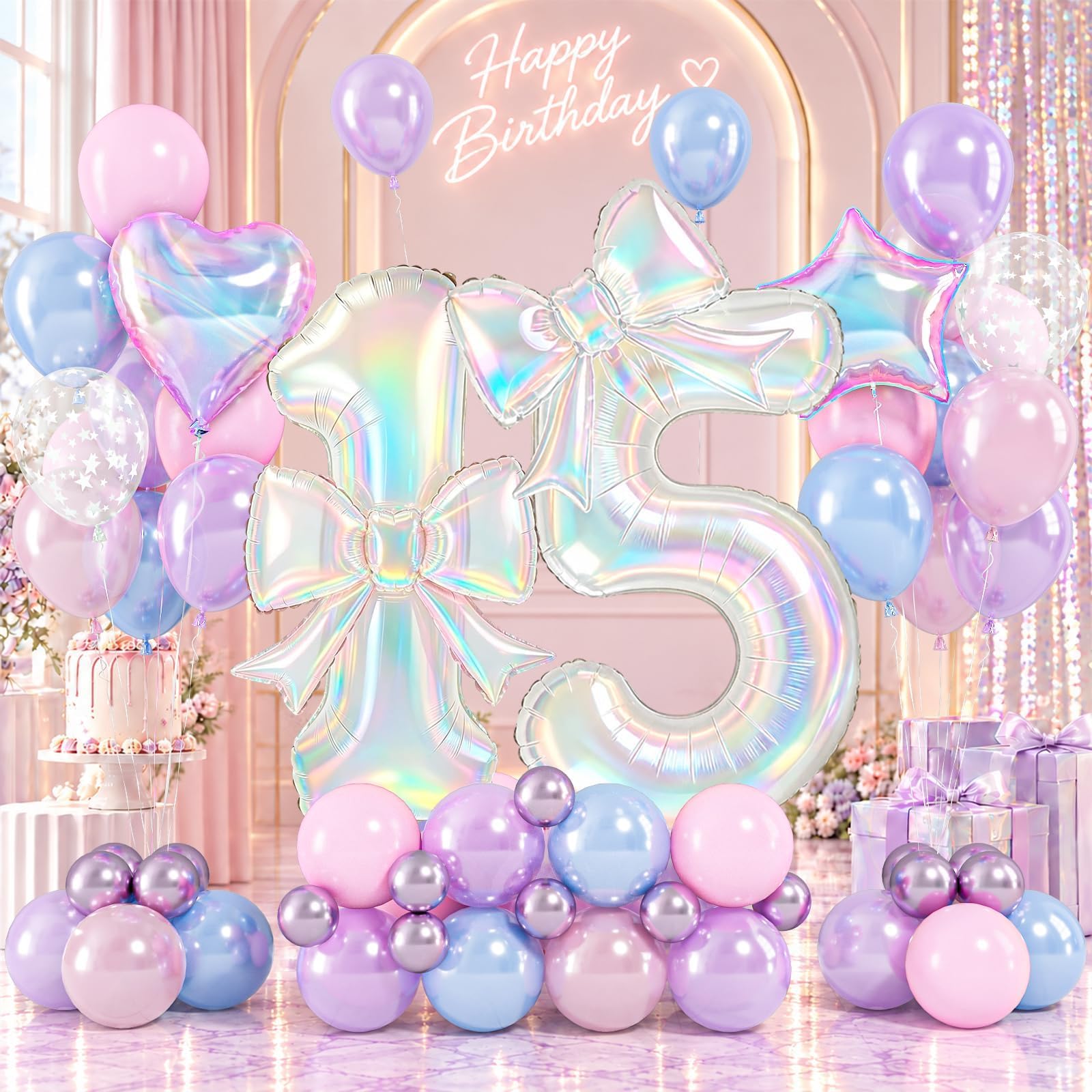 15th Iridescent Birthday Decorations, 40 Inch Number 15 Balloons with Bow — image 1