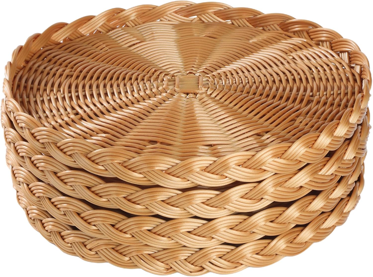 4 Pack Imitation Woven Rattan Basket Set, 11.8" Honey Brown Shallow Round Serving Tray, Fruit Bread Vegetable Snack Organizer, Kitchen Empty Gift, Plastic with Metal Frame, Washable