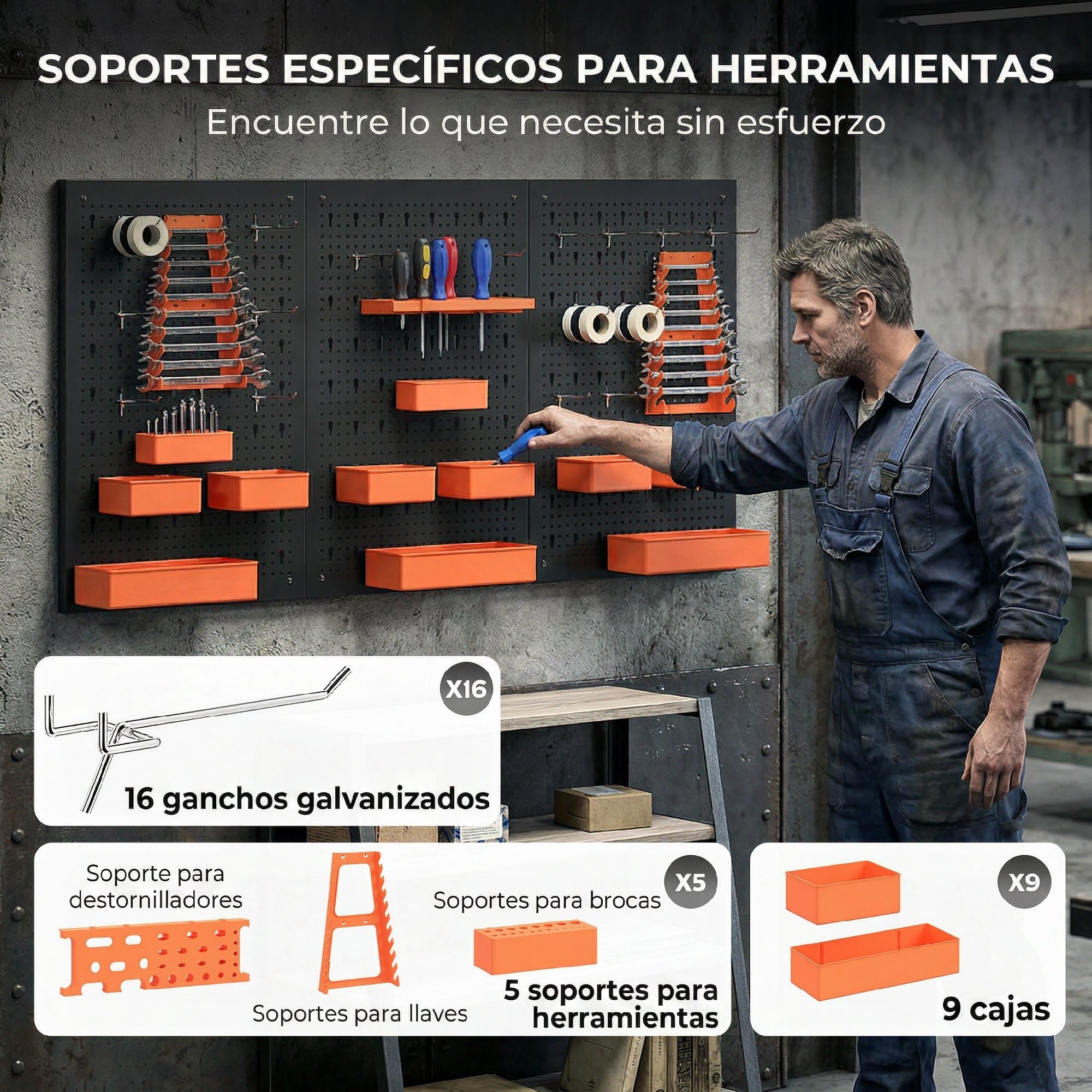 HOMCOM Organizador de Herramientas de Pared 120x60 cm Negro y Naranja | 33 Piezas, Paneles de Herramientas de Pared, Ganchos, Contenedores, Estantes, para Garajes, Cajitas