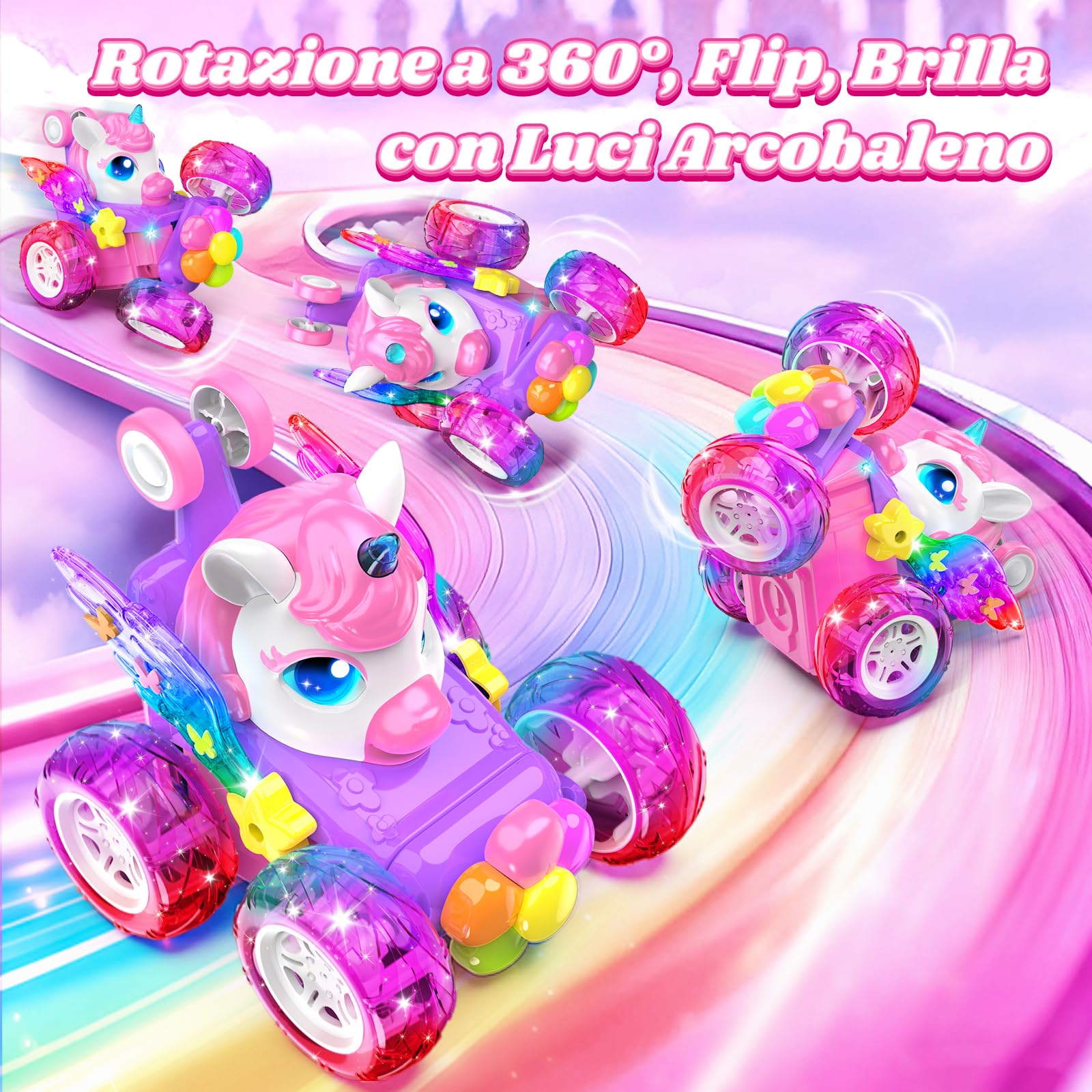 Unicorno Macchina Telecomandata Bambini 2,4GHz RC Car con Luce & Flip 360°, Regalo Bambina Giochi Bambini 3-12 Anni, Gioco Bambina Giocattoli Bimba 4 5 6 7 8 9 10 Anni Femmina Natale Compleanno Regali