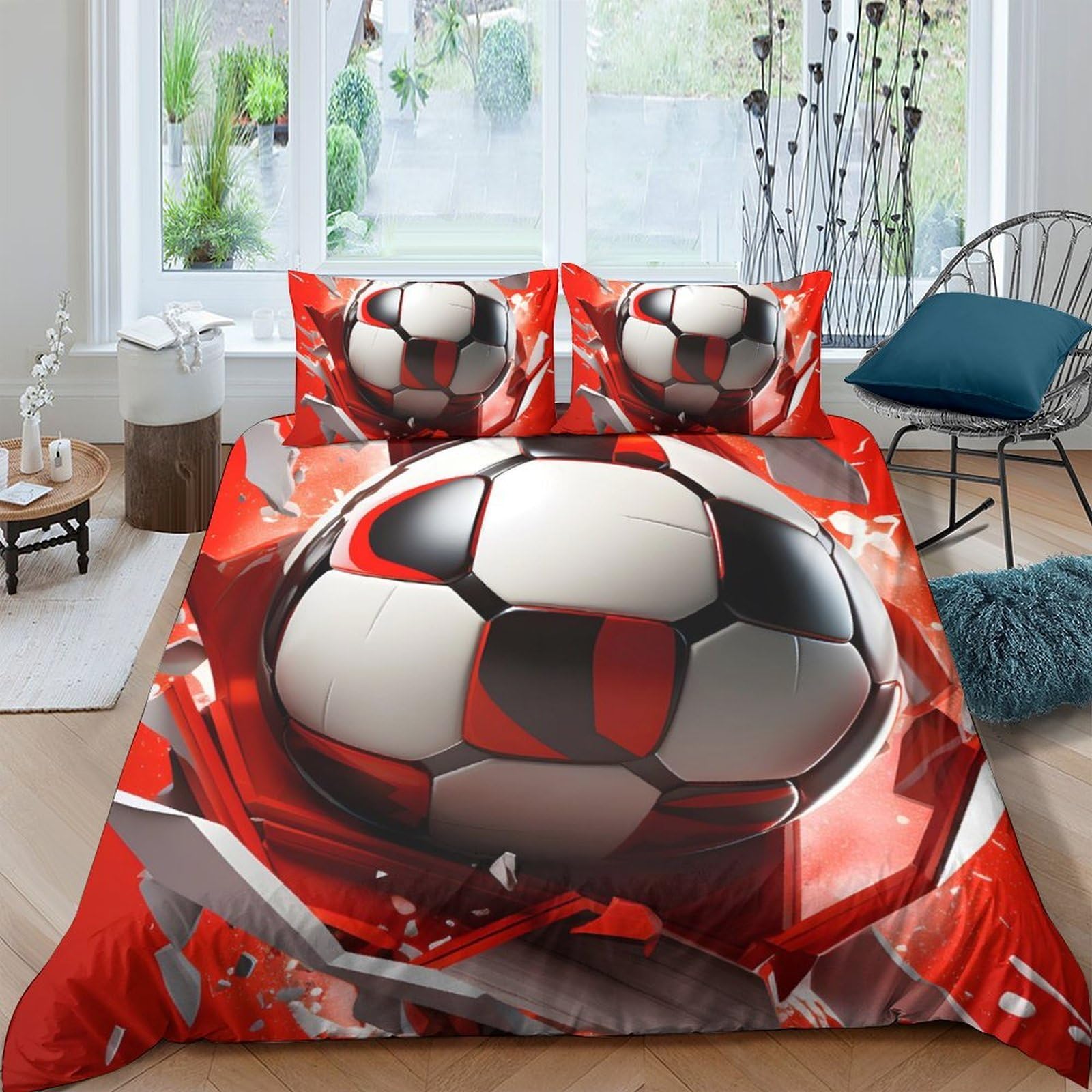 Ctjqhvkz Style-7 3D Printed Red Soccer Ball Fitted Sheet Microfiber Soft Breathable Graffiti Bed Cover For Bedroom Guest Room Single（135X200cm）