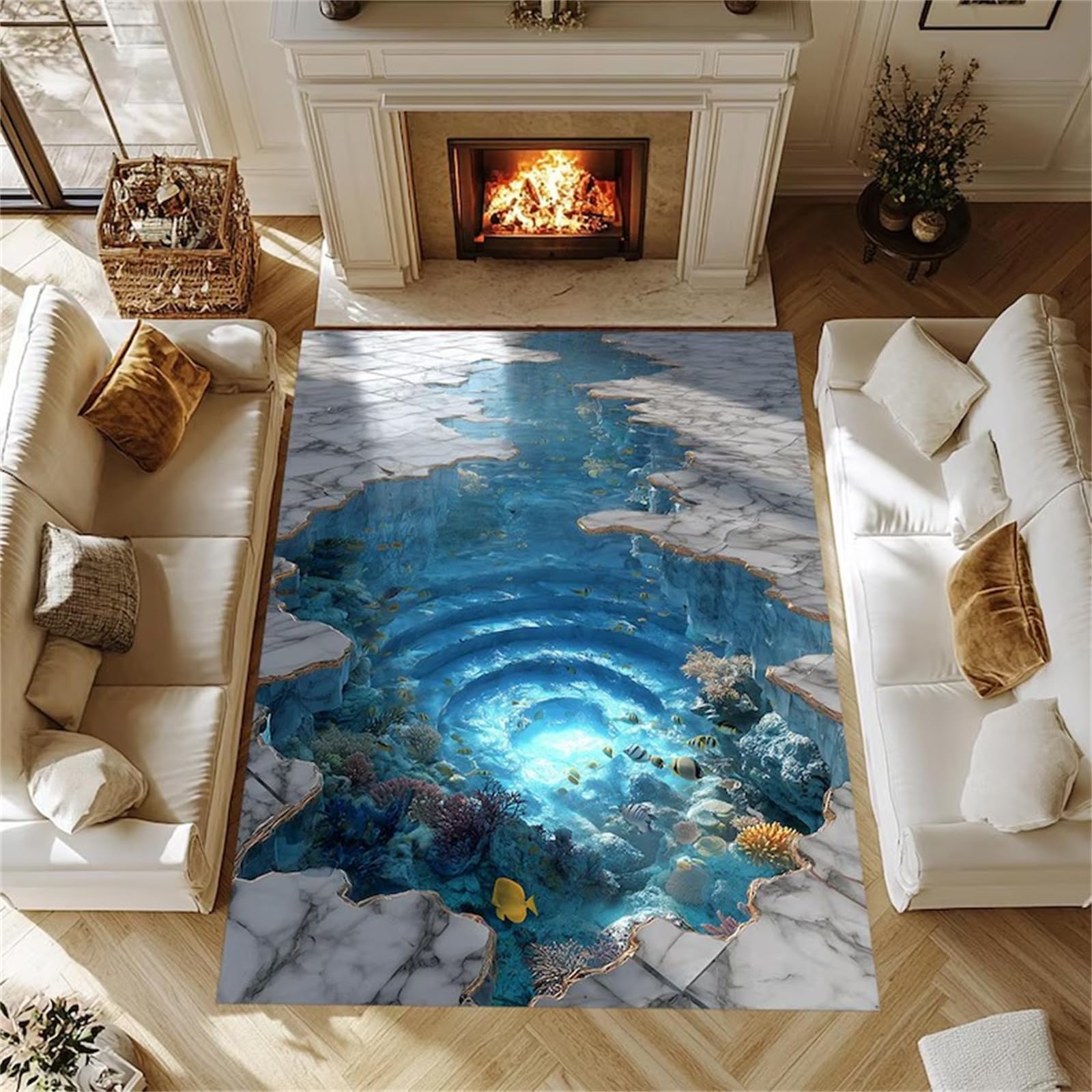 USHIRUG Ocean Area Rug, 180x300cm 3D Optical Illusion Underwater Fish and Coral Design, Beautiful and Non-Slip, Washable Large Rectangular Carpet for Living Room, Bedroom, Dining Room, Bathroom