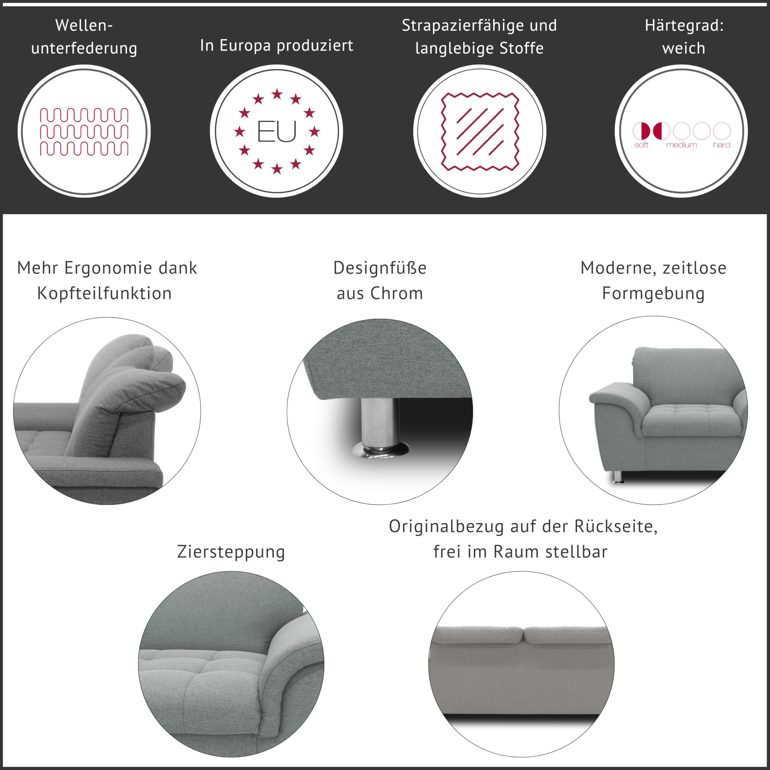 DOMO. collection Sofa Franzi, 2, 5-Sitzer Couch, 2, 5er Garnitur mit Nackenfunktion, Polstergarnitur 210 x 105 x 81 cm (BxTxH), grau