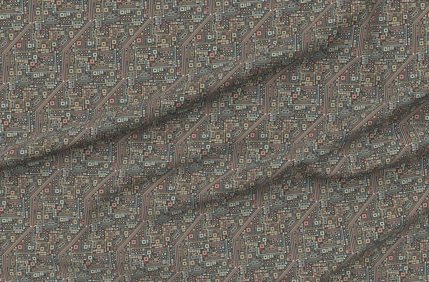 Spoonflower Fabric - Coral Mint Circuit Robot Nerd Geek Computer Technology Science Printed on Upholstery Velvet Fabric Fat Quarter - Upholstery Home Decor Bottomweight Apparel
