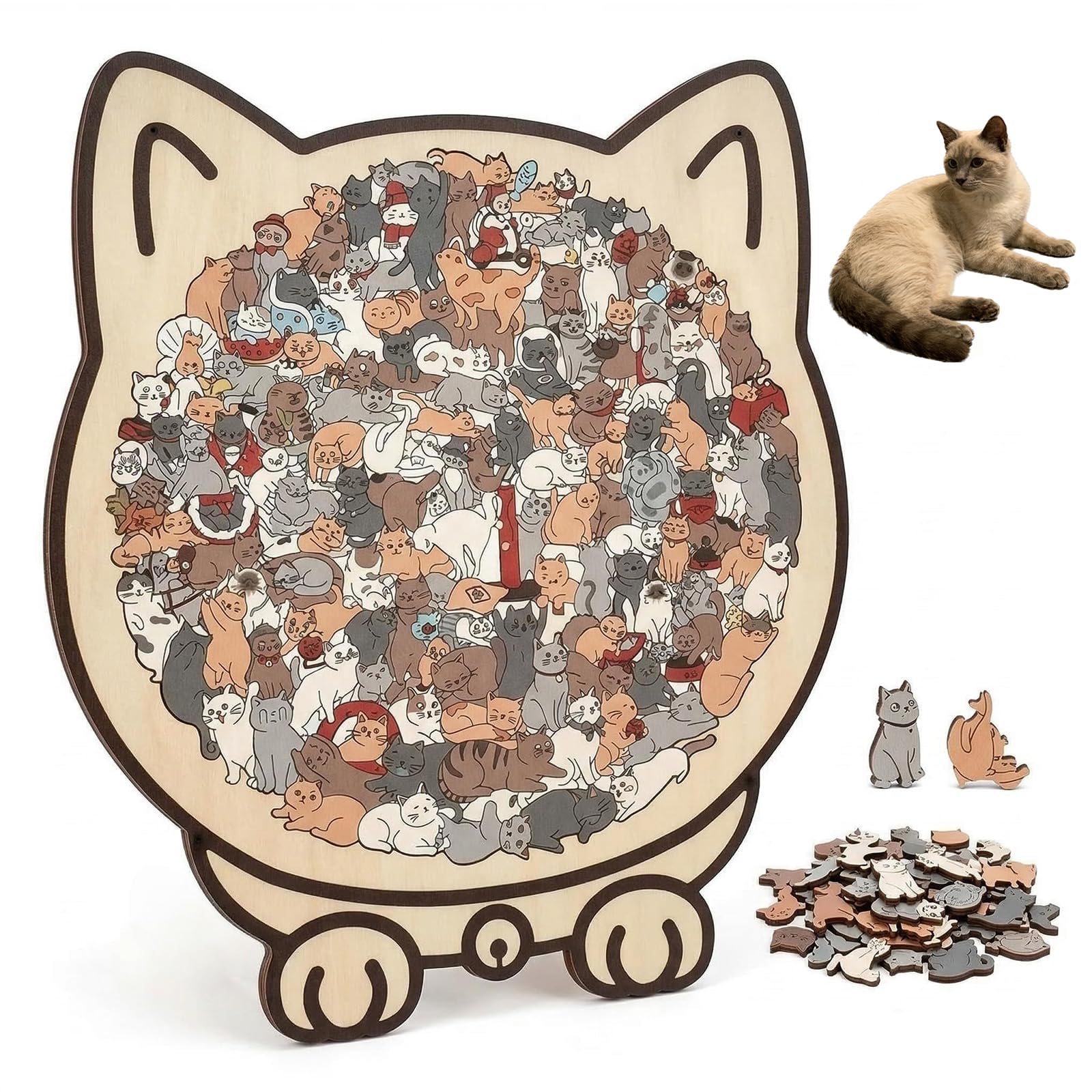 Puzzle de Gato en Madera Colorida, 135 Piezas - Forma Original de Gato, Regalo Creativo para los Amantes de los Gatos, Decoración Interior