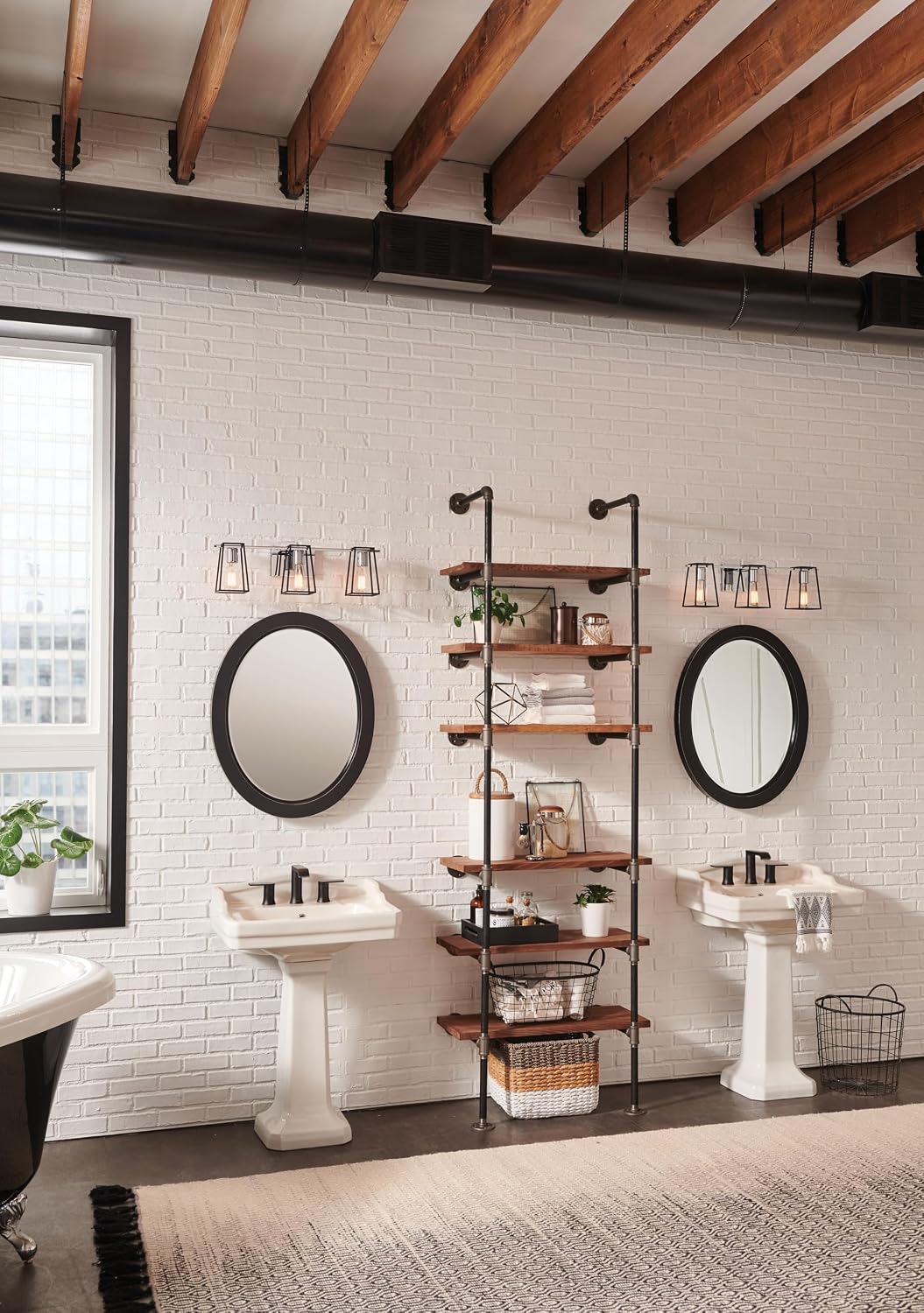 Hinkley Filmore Three Light Bath Vanity Fixture, Modern Industrial Trapezoid Open Cage, Mount Up or Down, in Chrome and Black Accents