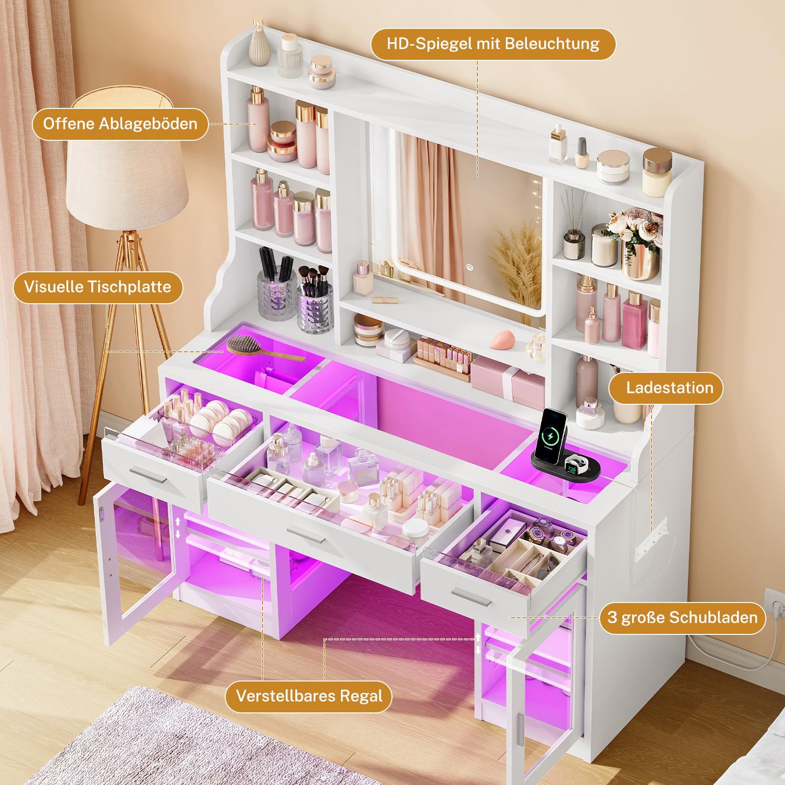 TEENFON Schminktisch mit Glasplatte, LED-Spiegel und RGB-Lichtleiste, Helligkeit Einstellbar, 3 Schubladen und 2 Schränke, inklusive Steckdosen, Für das Schlafzimmer, Weiß