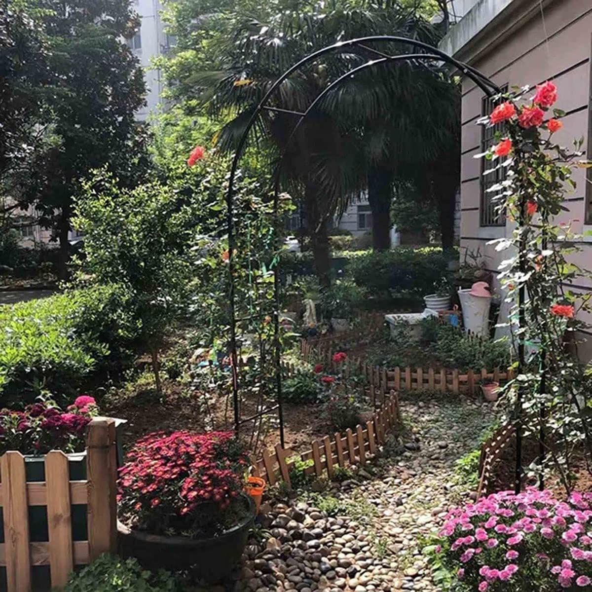 Zewnętrzny łuk ogrodowy Metalowa kratka do róż pnących Solidna altana dla roślin Łatwy montaż Czarna dekoracyjna altana ogrodowa łukowa (rozmiar: 350 x 220 x 40 cm)