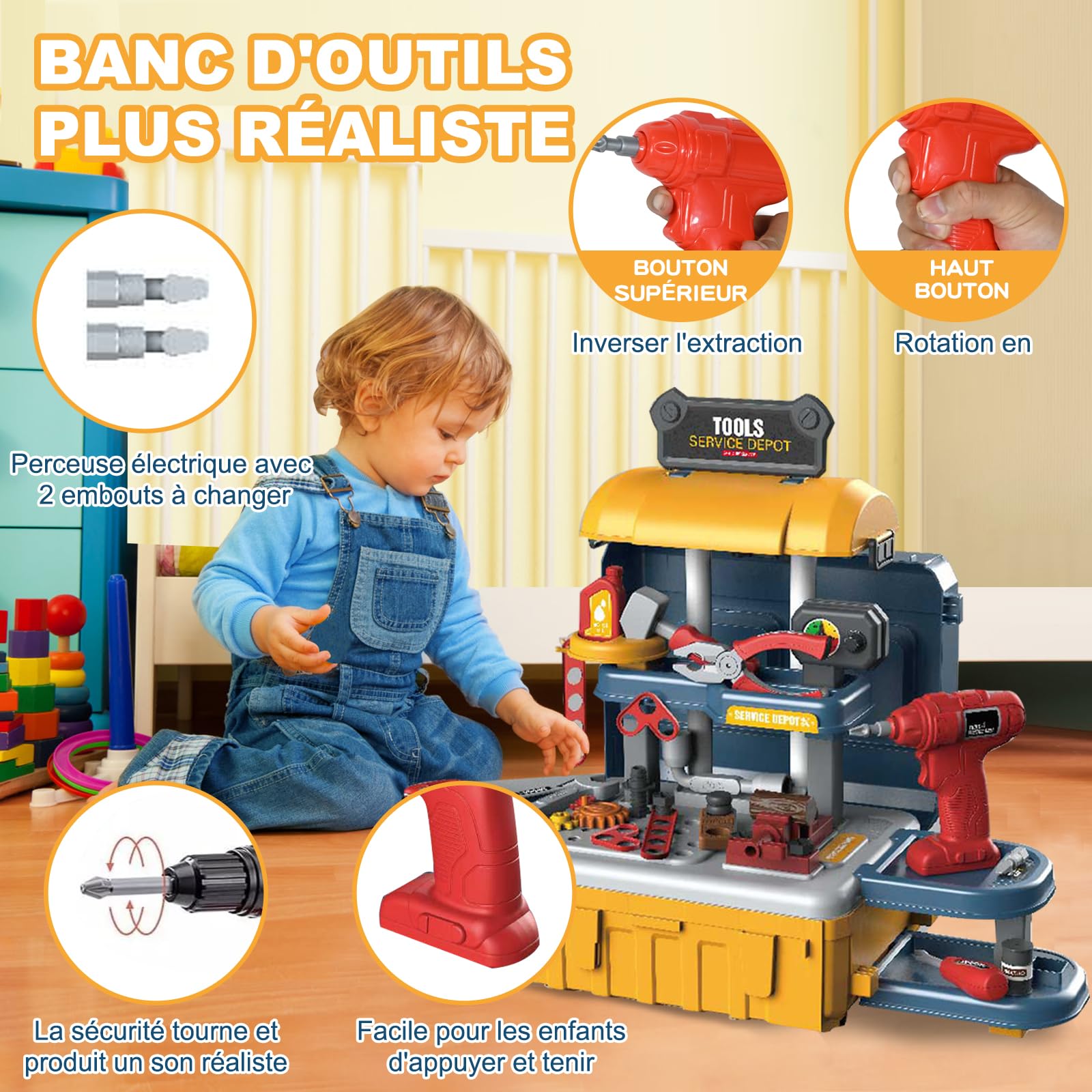 JONRRYIN Outils et Etabli pour Enfants, 46 Pièces Boite a Outils Jeux avec Perceuse, Malette Outils Enfants Jeu de Rôle Jouet éducatif pour Garçons et Filles (Bleu)
