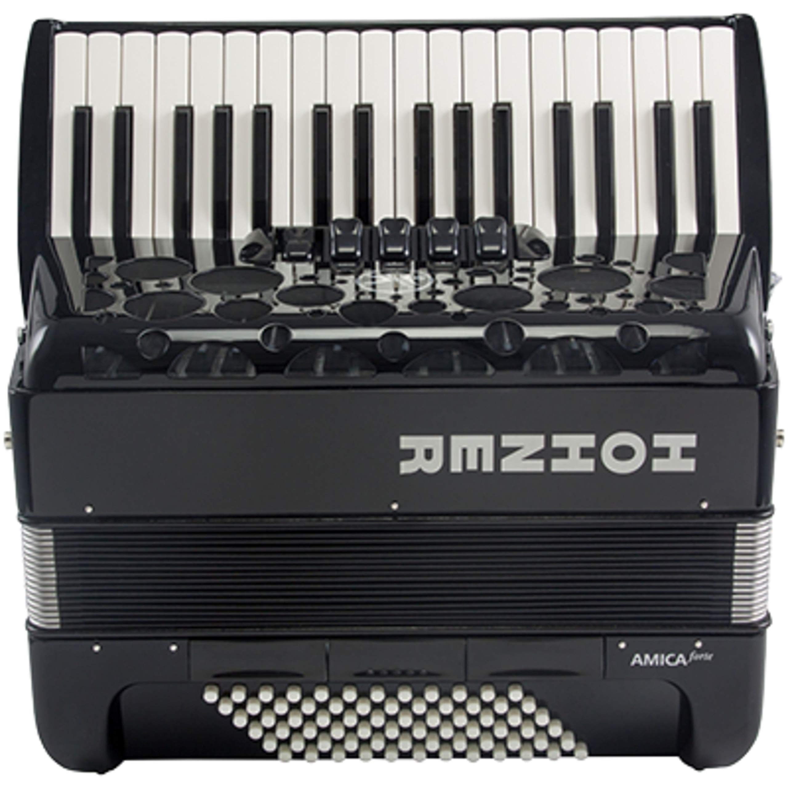 Hohner Amica III 72 Akordeon - 72 standardowe basy, 3 rejestry basowe, 4 chóry basowe, 3 chóry, 34 klawisze fortepianowe, 5 barw dźwięku, 5 rejestrów, czarny, z paskiem i torbą