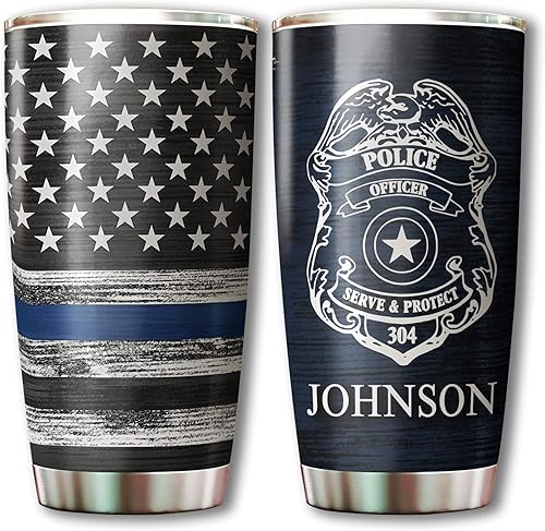Vaso de policía personalizado con insignia de policía, regalo de oficial de policía, vaso de acero inoxidable de 20 onzas con línea azul fina y