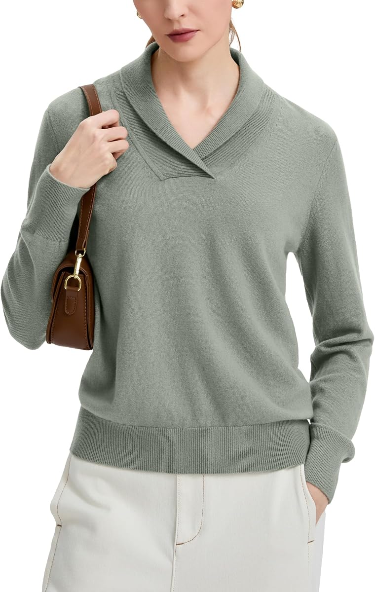 Suéteres para mujer - Top de cuello chal de lana merino con cuello en V
