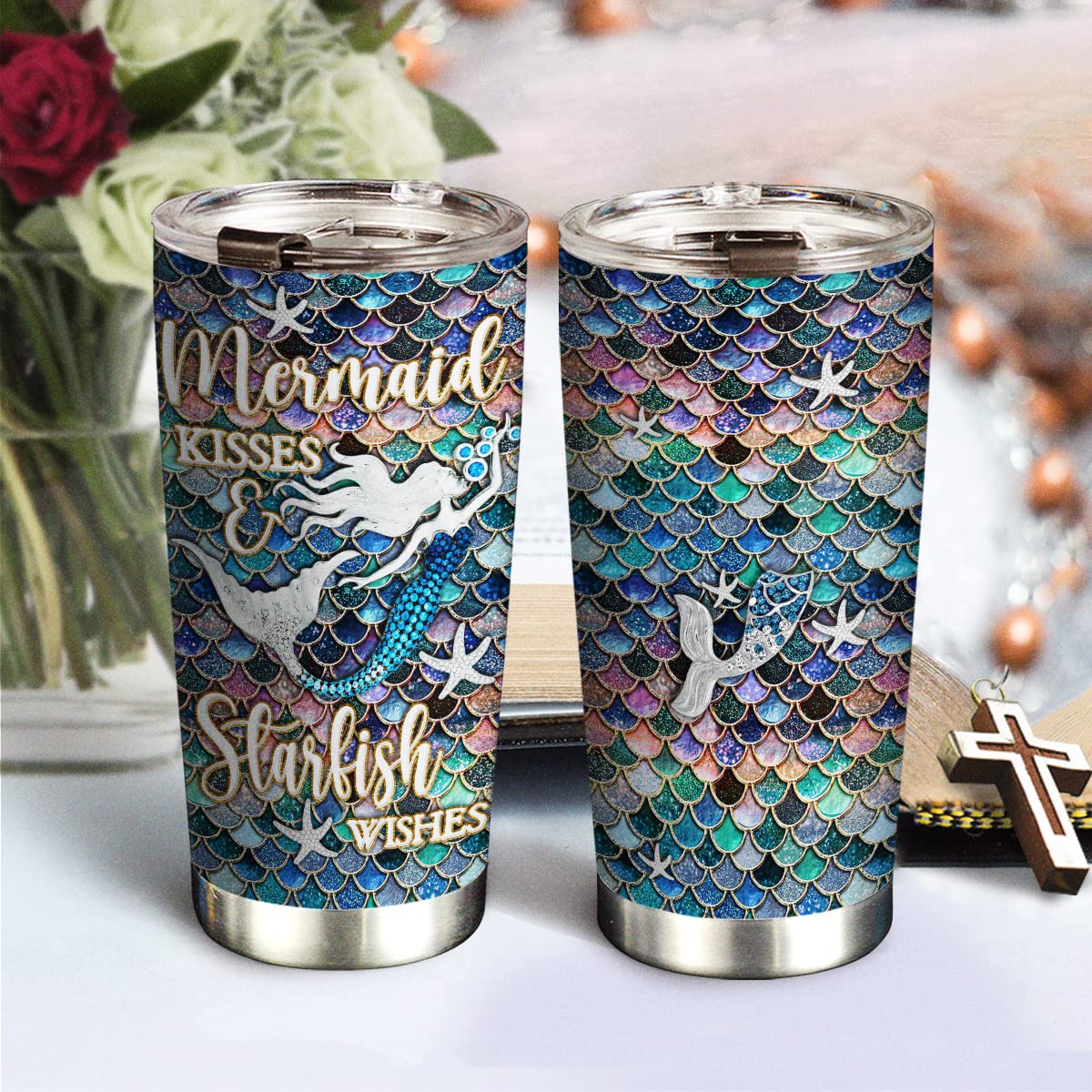 20oz Mom Coffee Tumbler, Mother Gifts, Grandma Gifts, Coffee Thermos for Women, Jewelry Crystal Mermaid Kisses Starfish Wishes Tumbler Cup, Stainless Steel Insulated Travel Coffee Mug with Lid