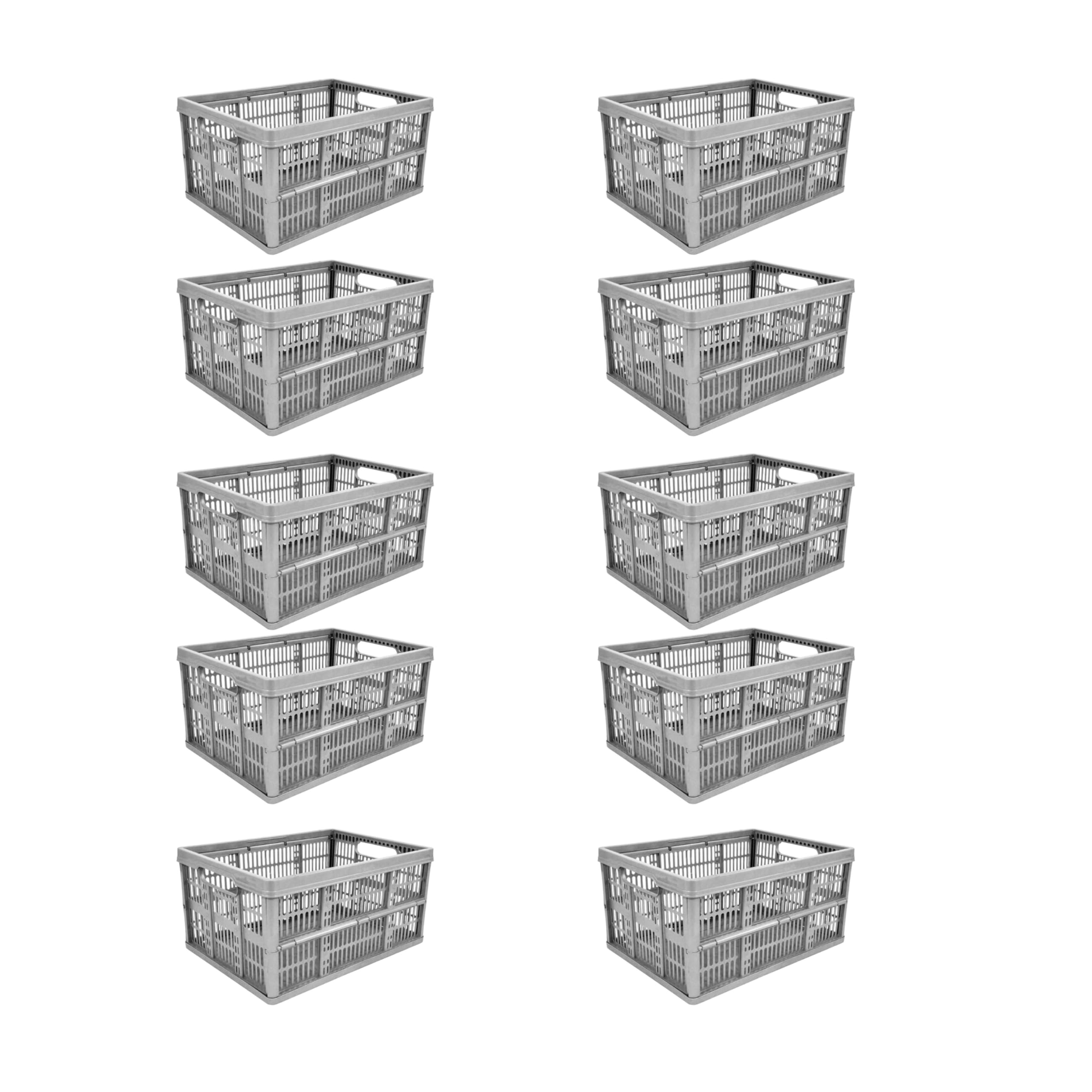 Neat. 32L Foldable Stackable Plastic Storage Crate Container – Collapsible & Portable Multi-Use Basket for Fruits, Vegetables & Books – Silver, Pack of 10 (47cm x 35cm x 23.5cm)