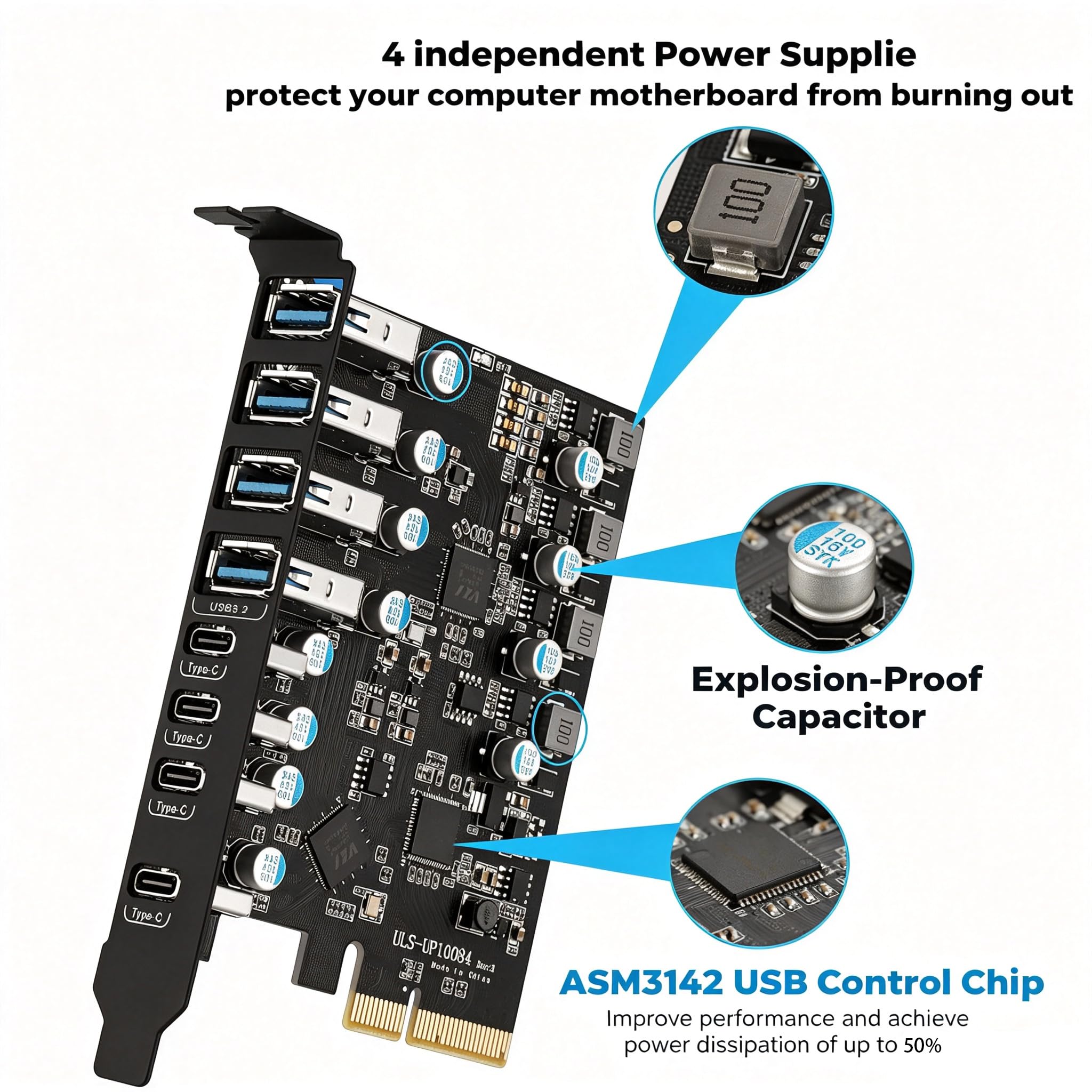 Karta USB 3.2 PCIE 8 portów, PCIE 3.2 gen2 x 1 karta 10 Gb/s, karta rozszerzeń PCI Express, wewnętrzny koncentrator USB, konwerter do komputera stacjonarnego z systemem Windows 7/8/10 Linux
