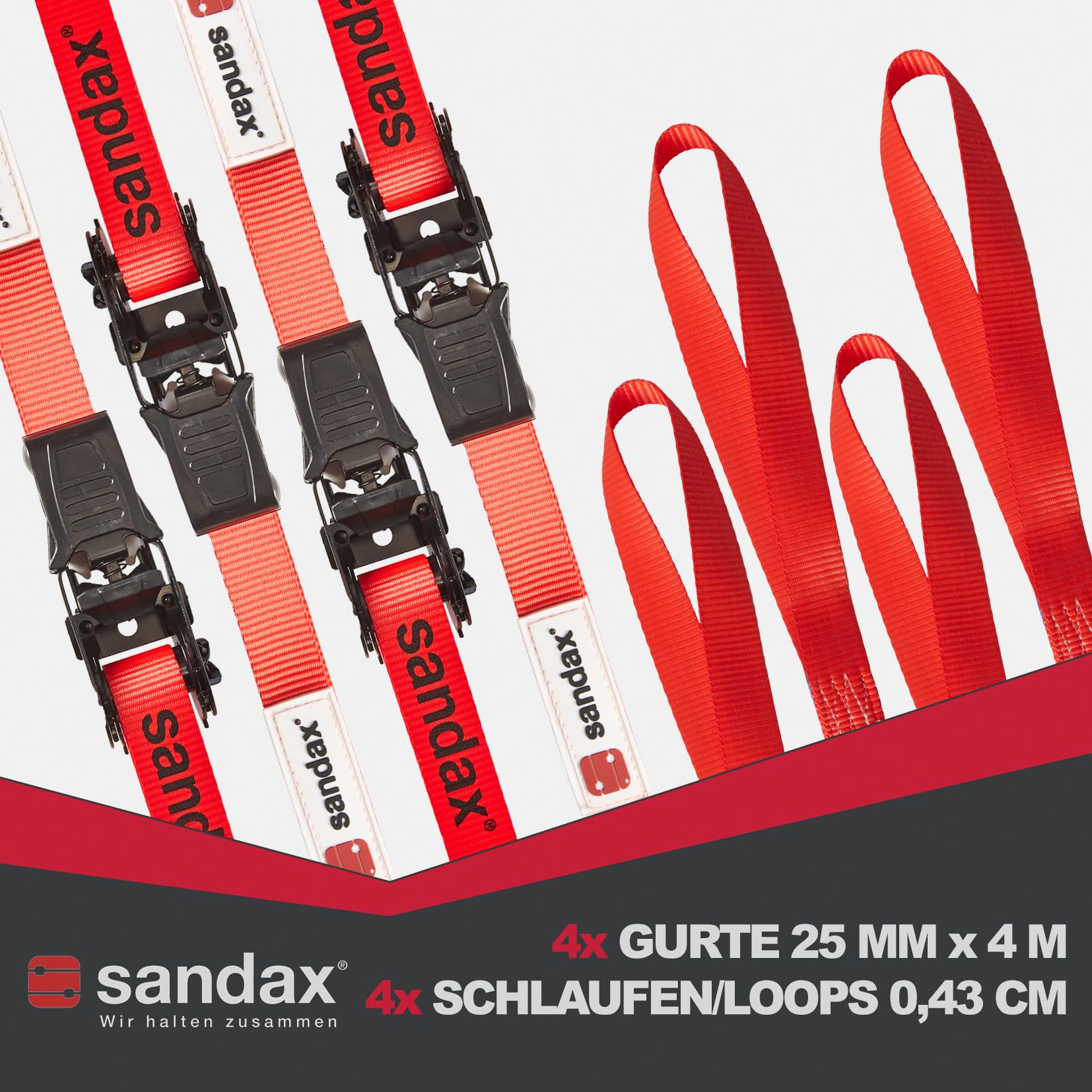Sandax Zestaw 4 pasów mocujących o długości 4 m i szerokości 25 mm, LC 400 daN, STF 100 daN, dwuczęściowe pasy mocujące z grzechotką, pasy mocujące z grzechotką do zabezpieczenia ładunku do przyczep i
