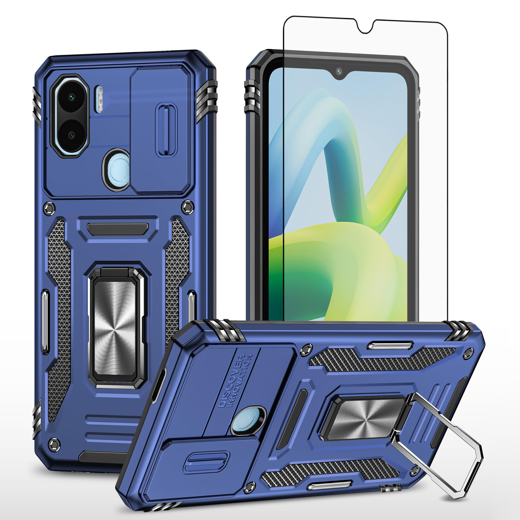 Asuwish Phone Case for Xiaomi Redmi A1 2022/A2 2023 with Tempered Glass Screen Protector and Slide Camera Cover Ring Holder Kickstand Accessories