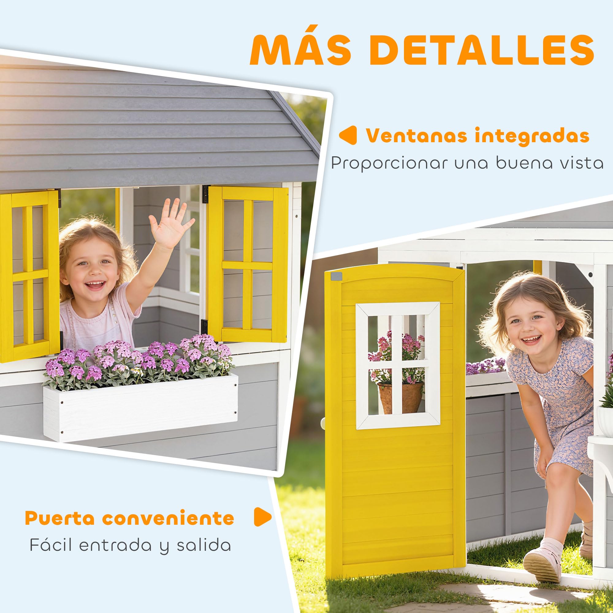 Outsunny Casita Infantil Exterior e Interior de Madera, Casita Infantil con Puerta, Ventanas, Jardineras y Soportes de Flores, Casa de Jardín para Niños de 3-8 Años, Gris — view 6