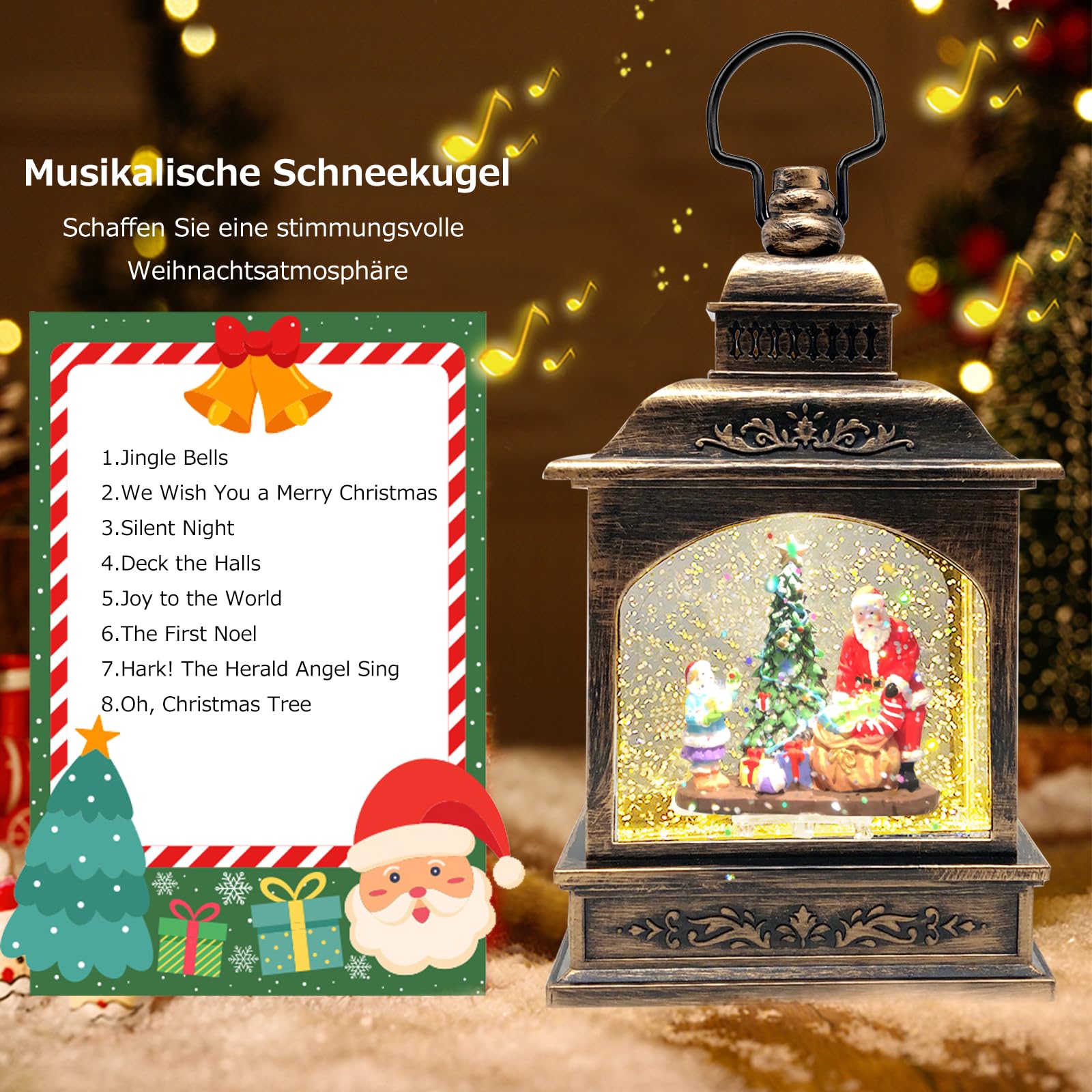 Marsyu Weihnachts Schneekugel Laterne mit Zeitschaltuhr, Beleuchtete USB/batteriebetriebene Wirbelnde Singende Wasserlaterne, Schneekugel Laterne für Erwachsene Kinder, Weihnachtsdekoration/Geschenk
