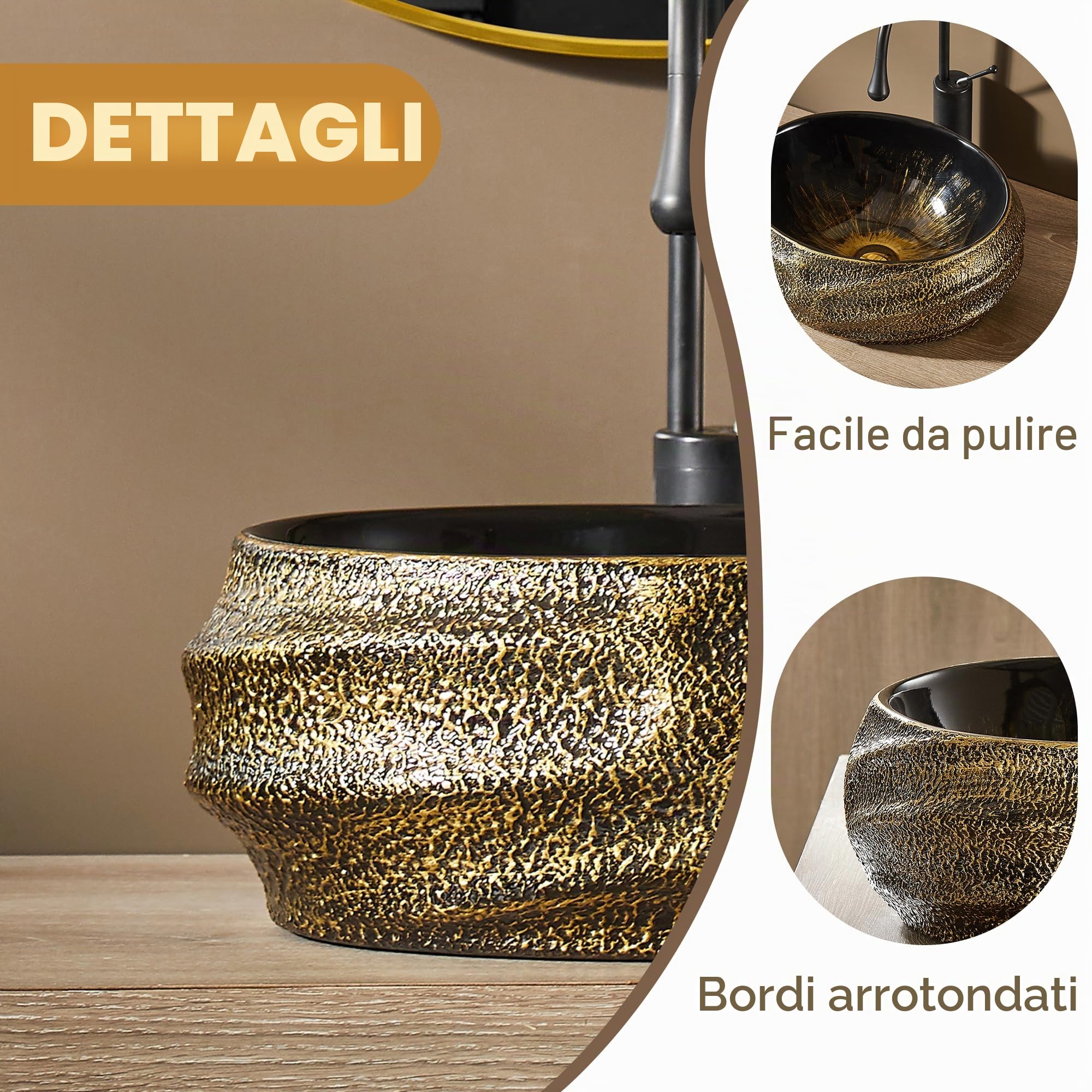MEJE 45 x 40 x 16,5 cm Lavabo artificiale, Ovale, Superficie in rilievo, Dorato vintage, Lavabo da piano di lavoro, Ceramica (compreso scarico pop-up)