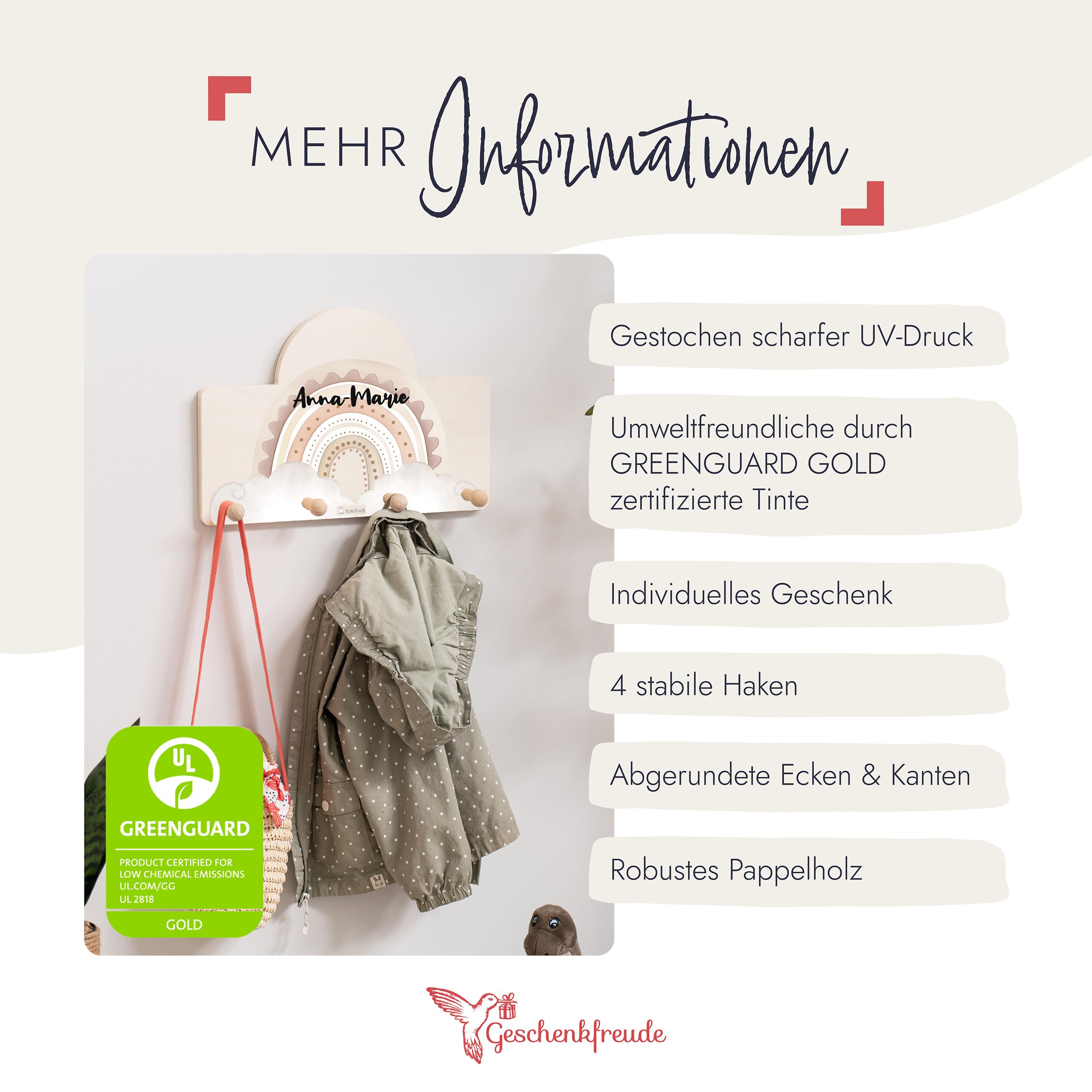 Geschenkfreude Personalsierte Kindergarderobe mit Namen aus Holz - Kinder Garderoben Regenbogen rosa - einzigartige Kinderzimmer Deko - Wandgarderobe - Baby Garderobe - Kleiderhaken für Kinder