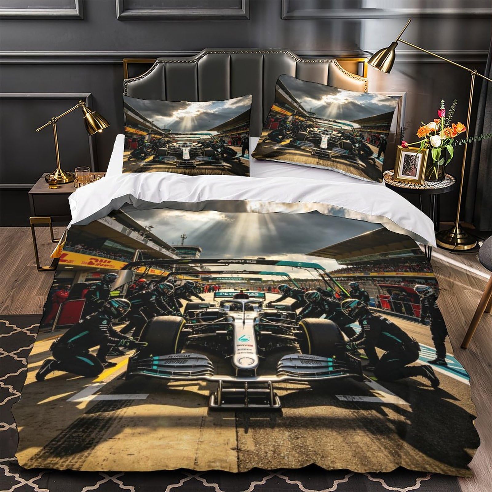 XiaopangXY Mercedesse Racing Duvet Cover Single（140x200cm）, Finesse Bed Set with Pillowcase Microfiber 3D Printed Pit Stop Quilt Cover with Zipper Closure for Childs & Adults
