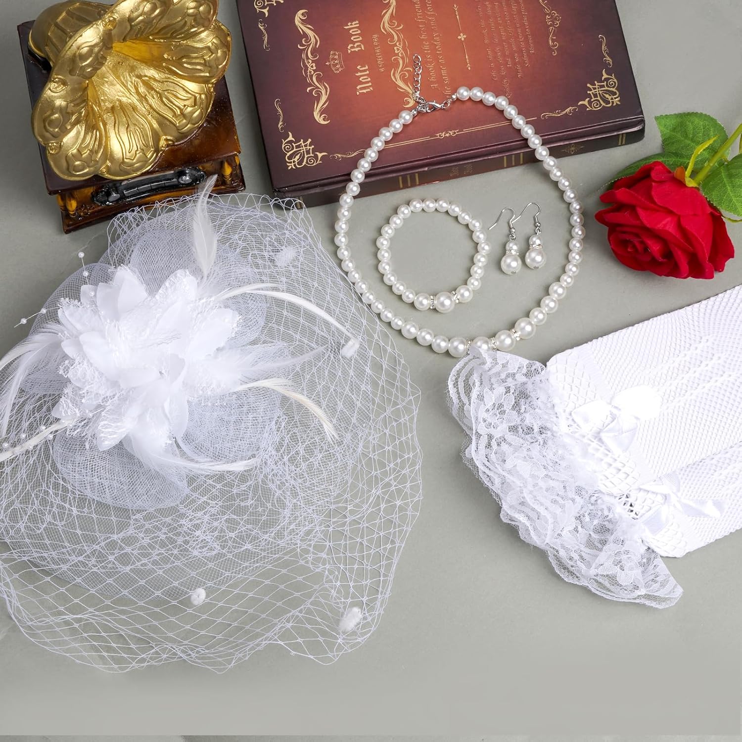 5Pcs Tea Party Hat and Gloves Set for Women, Fascinators Hats with Short Lace Gloves Pearl Necklace Bracelet Earrings - Image 3