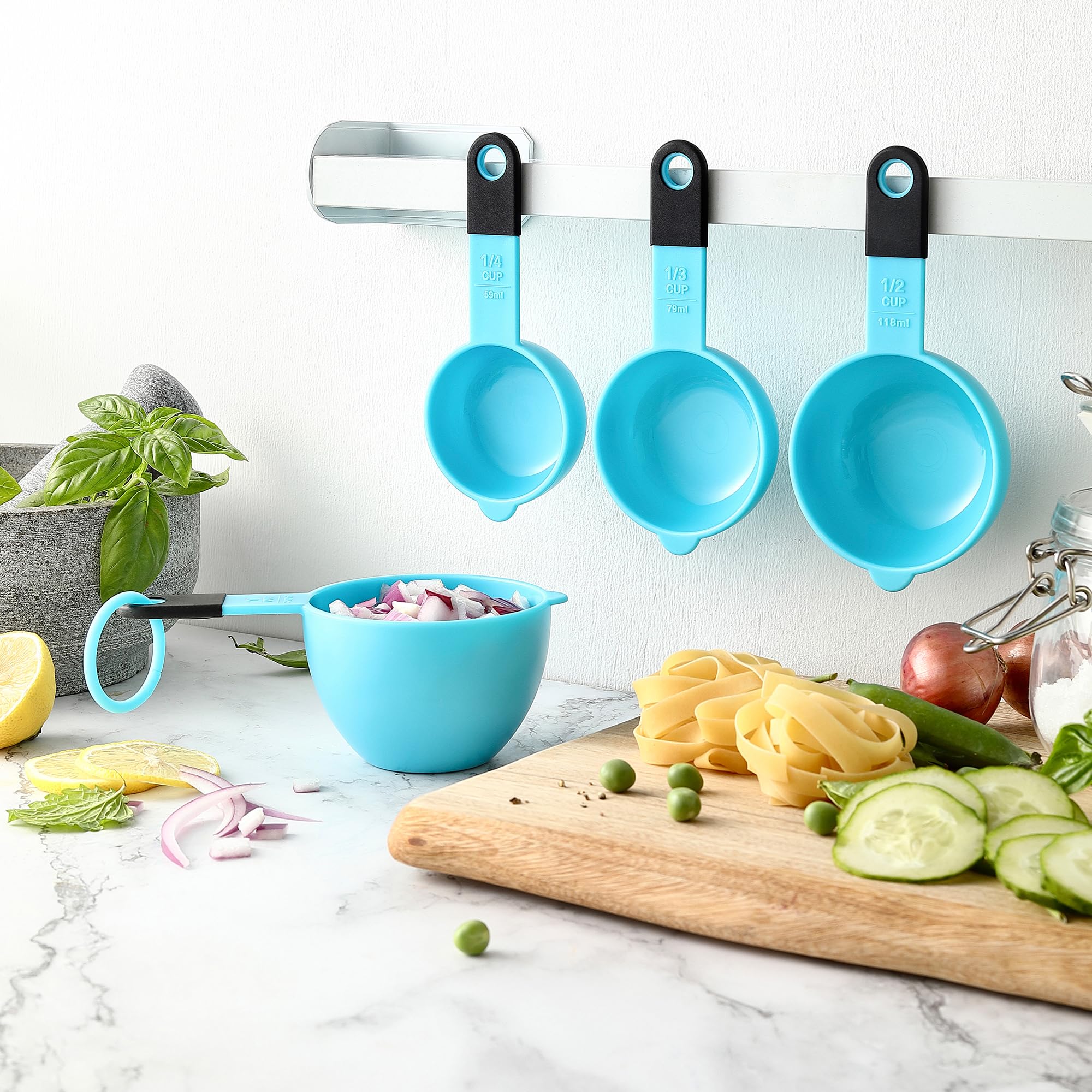 Spring Chef Magnetic Measuring Cups Set of 4, Nesting Plastic Measuring Cups with Easy to Read Markings - Measure Dry and Liquid Ingredients, BPA Free, Kitchen Tool for Baking & Cooking, Aqua Sky