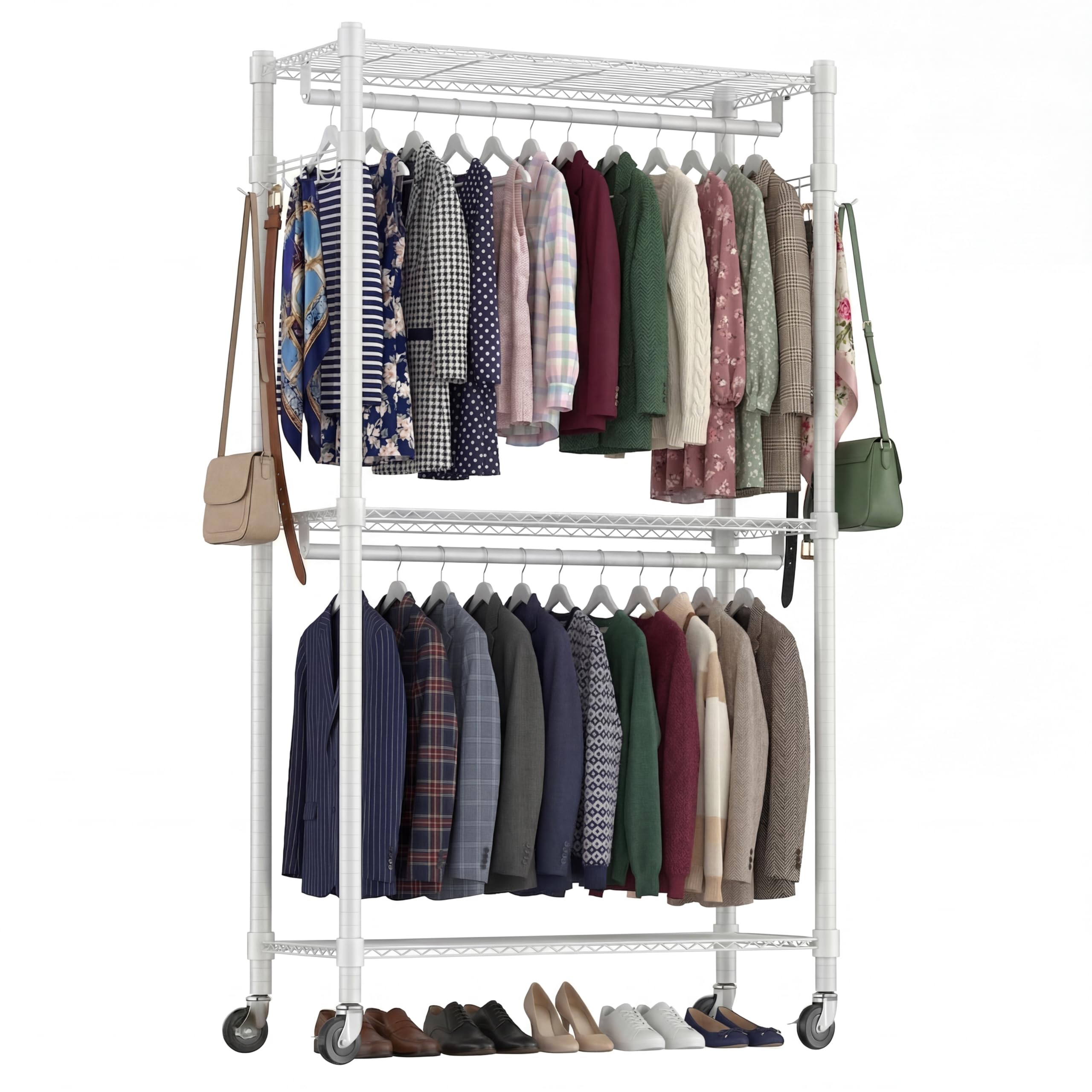 Himimi Clothes Rail with Shelves, 3-Tier Adjustable Shelves & Double Hanging Rods, Heavy Duty Clothing Rail Clothes Rack on Wheels, Free Standing Open Wardrobe for Bedroom Coat, 60Wx42Dx205H cm, White
