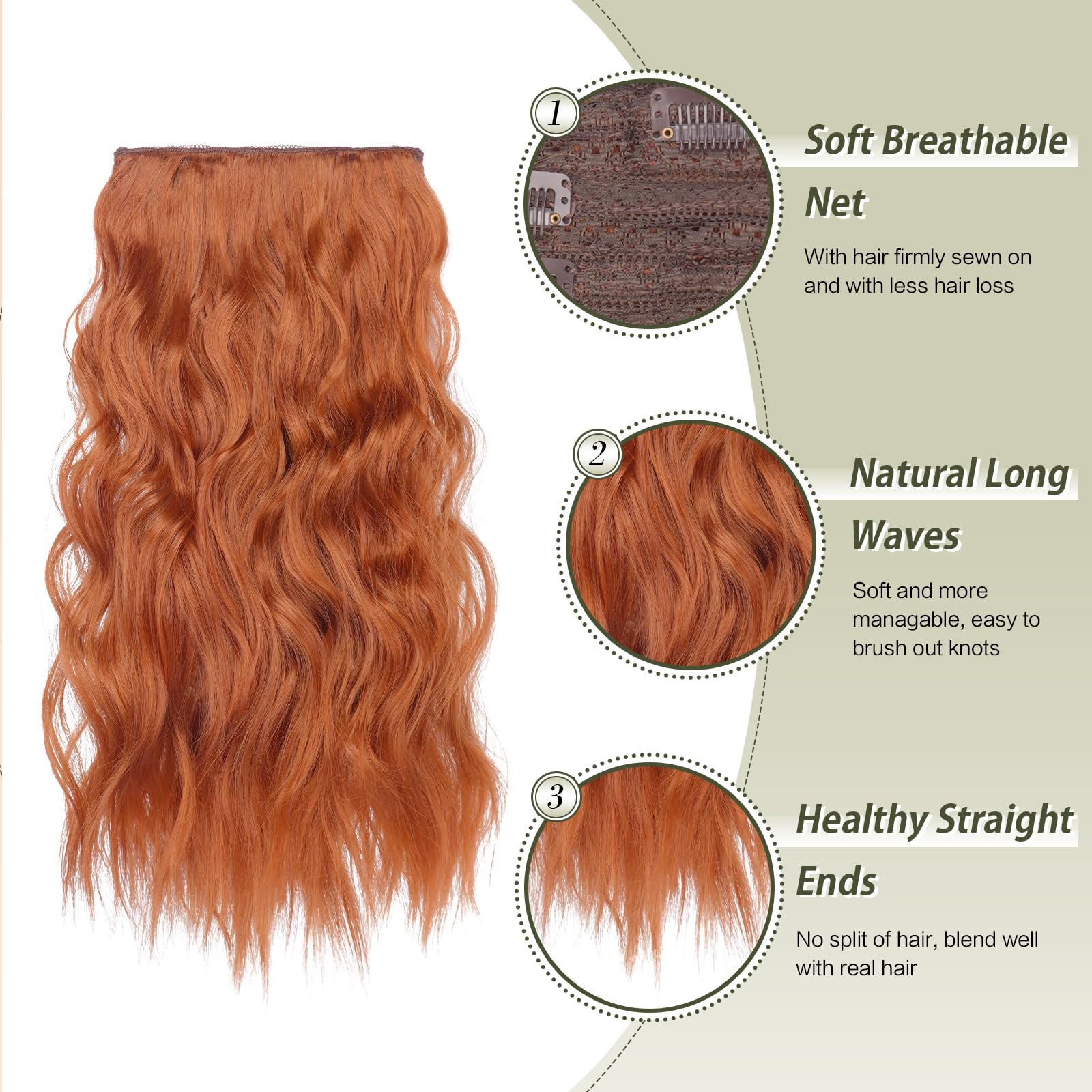 FESHFEN Clip in Hair Extensions 4PCs Long Wavy Thick Hair Piece Highlighted Full Head Synthetic Natural Curly Copper Red Extension for Women 16 Inch - Image 3
