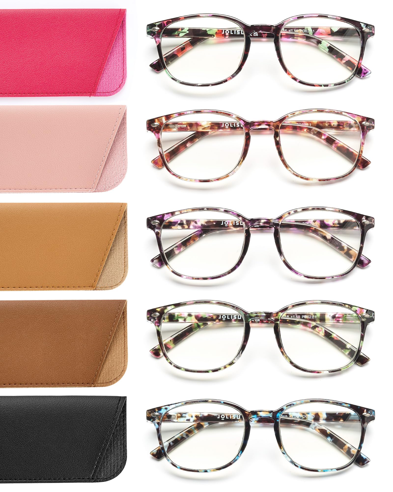 JOLISU 5 Pack Reading Glasses For Women, Blue Light Blocking Computer Reader Spring Hinge Eyeglasses