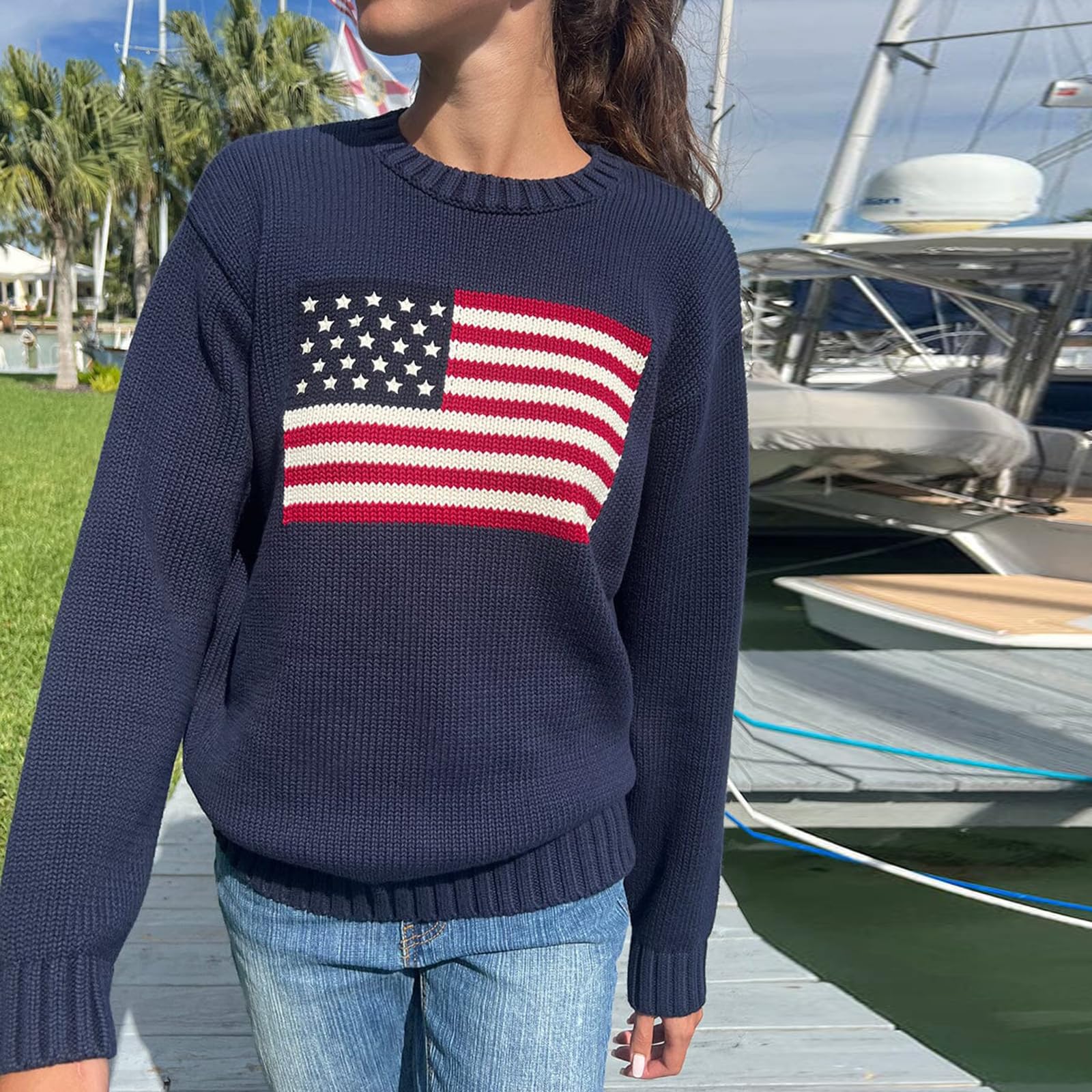 Luckinbaby Maglione con bandiera americana da donna a righe maglioni a stella USA felpa patriottica lavorata a maglia allentata pullover top