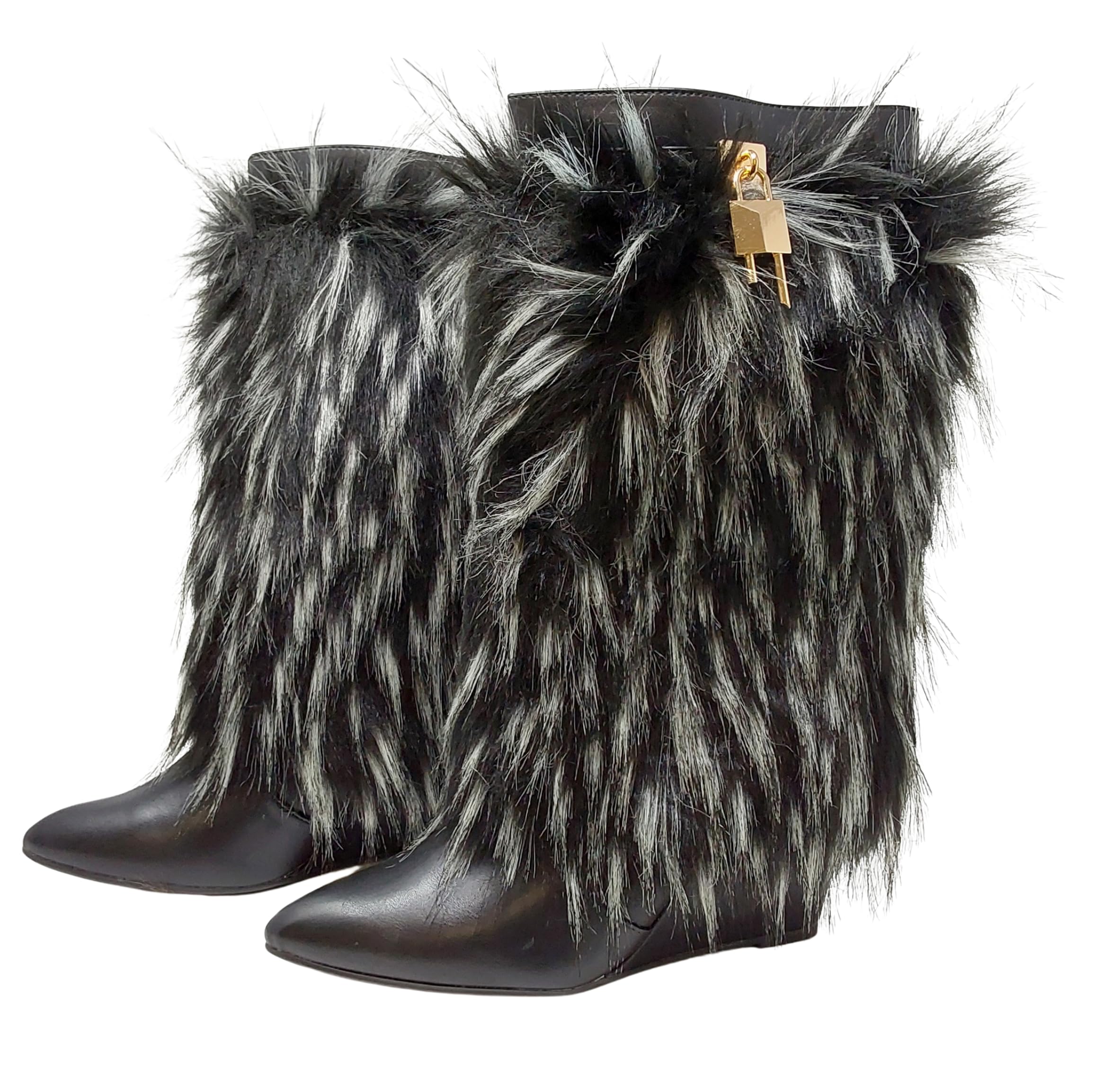 Wild Diva Luxury Mid Calf Faux Fur God Lock Detail Fashion Boots