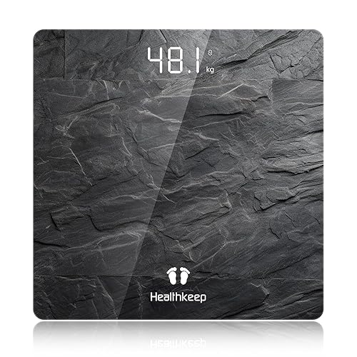 Healthkeep Báscula digital de baño, alta precisión, con tecnología Step-On, pantalla LED, diseño delgado, máx. 180 kg400 lb, gris jaspeado