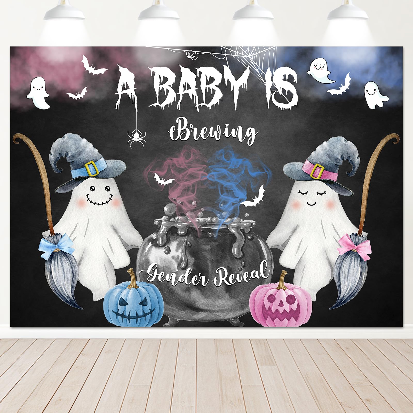 Mocsicka A Baby is Brewing Backdrop Halloween Ghost Gender Reveal Background Spooky Pumpkin Gender Reveal Party Cake Table Decoration Banner Photo